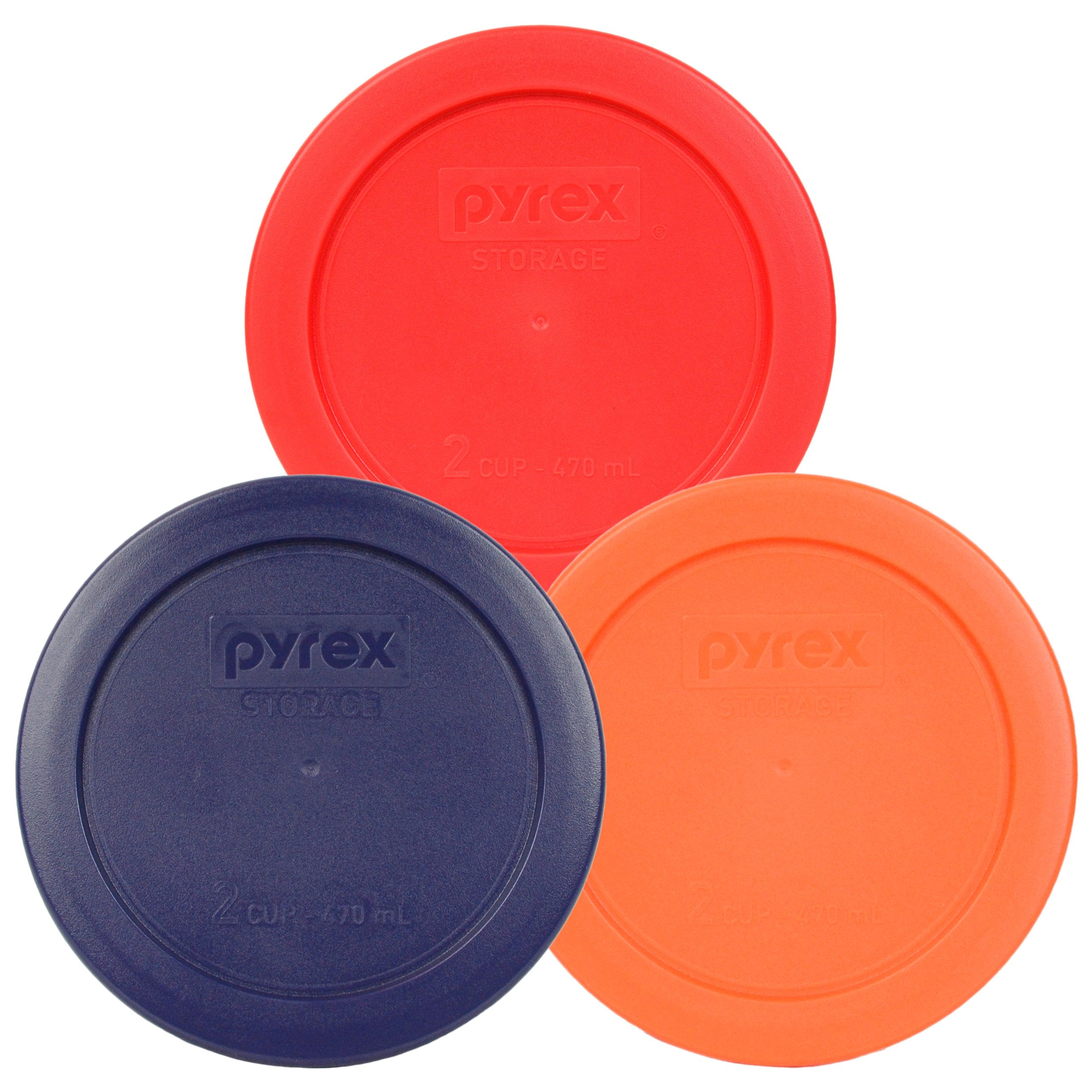 Pyrex 7200-Pc 2 Cup Red, Blue, Orange Round Plastic Storage Lid, Made In Usa - 3 Pack