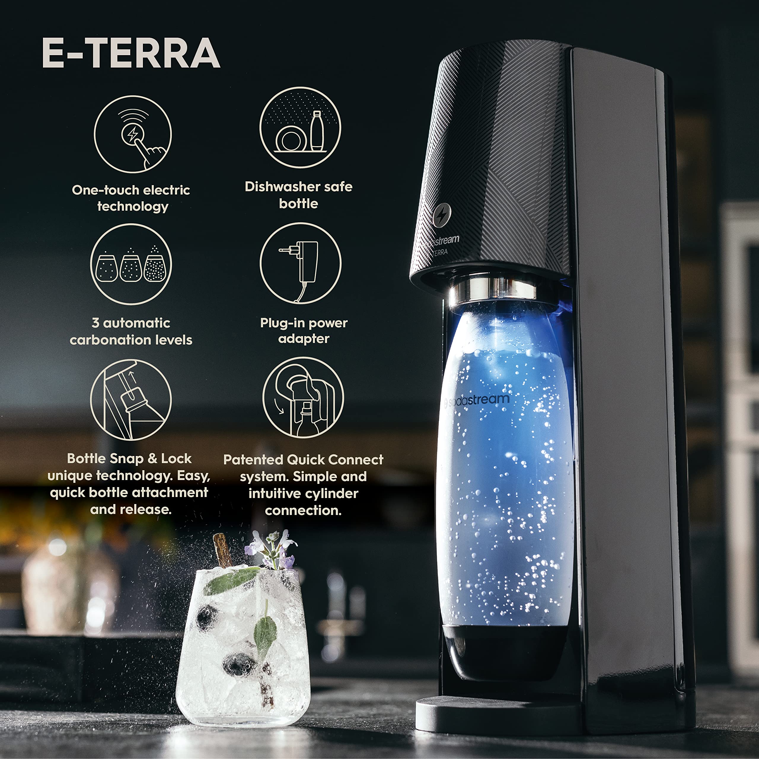 Sodastream E-Terra Sparkling Water Maker (Black) With Co2 And Carbonating Bottle