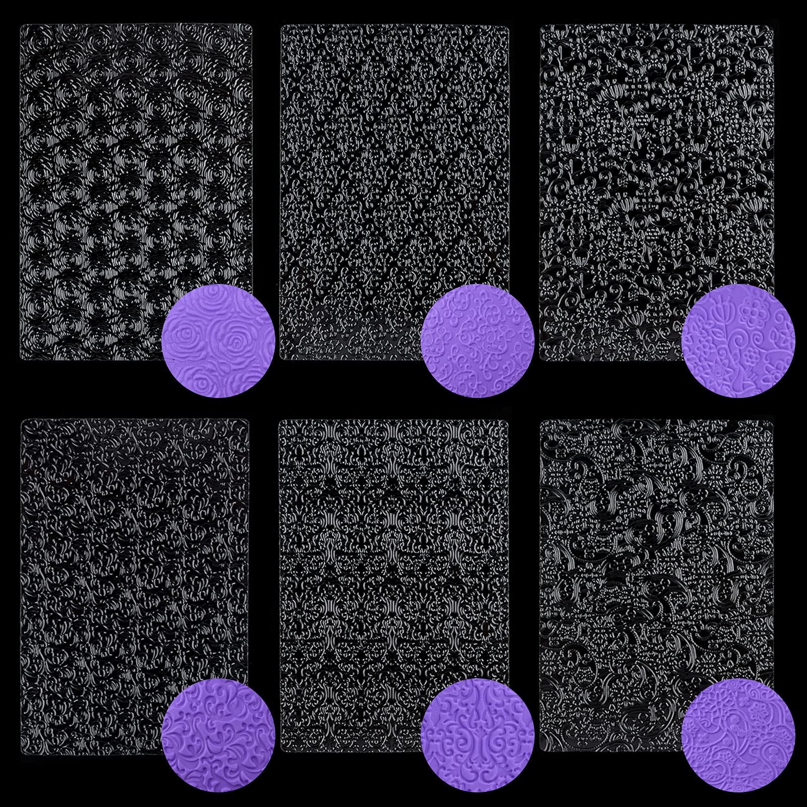Ocmoiy 6 Pack Fondant Impression Mat, Fondant Mold Set, Embossed Retro Baroque/Paisley/Rose/Diamond/Lace Vine/Floral Vine Patter