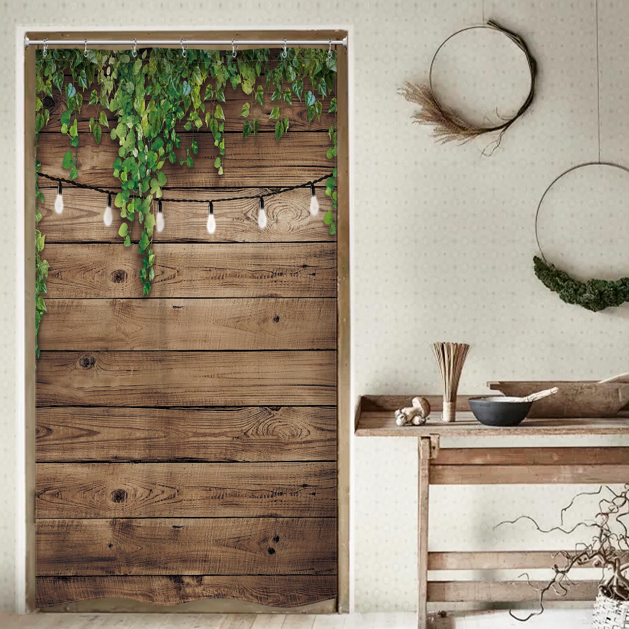 Riyidecor Wooden Shower Curtain 36"x72" Waterproof Rustic Brown with Green Leaves, Model WZ-NHYD-CR35, Includes 7 Hooks
