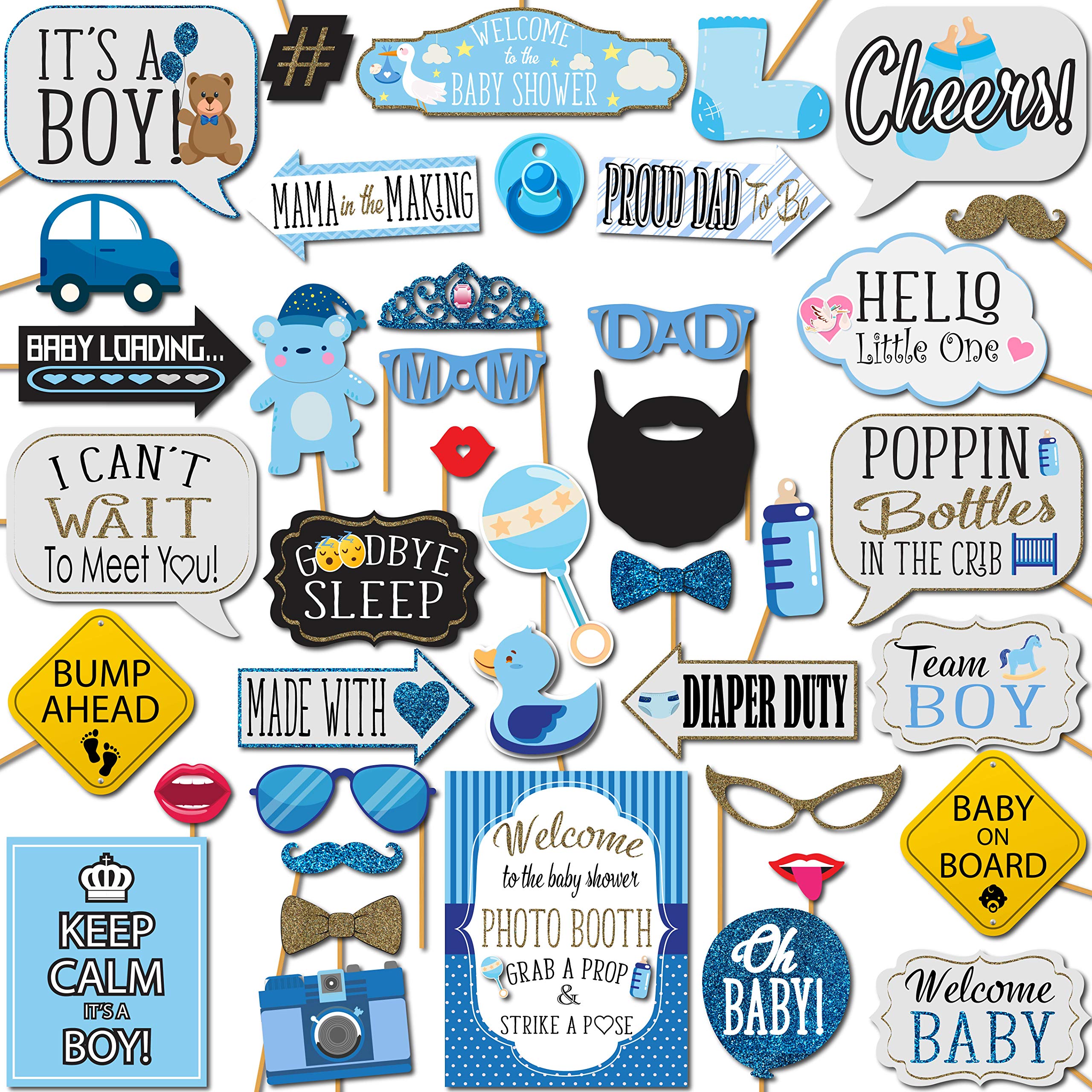 Boy Baby Shower Photo Booth Props - 41-Pc Photo Booth Kit With 8 X 10-Inch Sign, 60 Adhesive Pads, 45 Sticks - Picture Props For