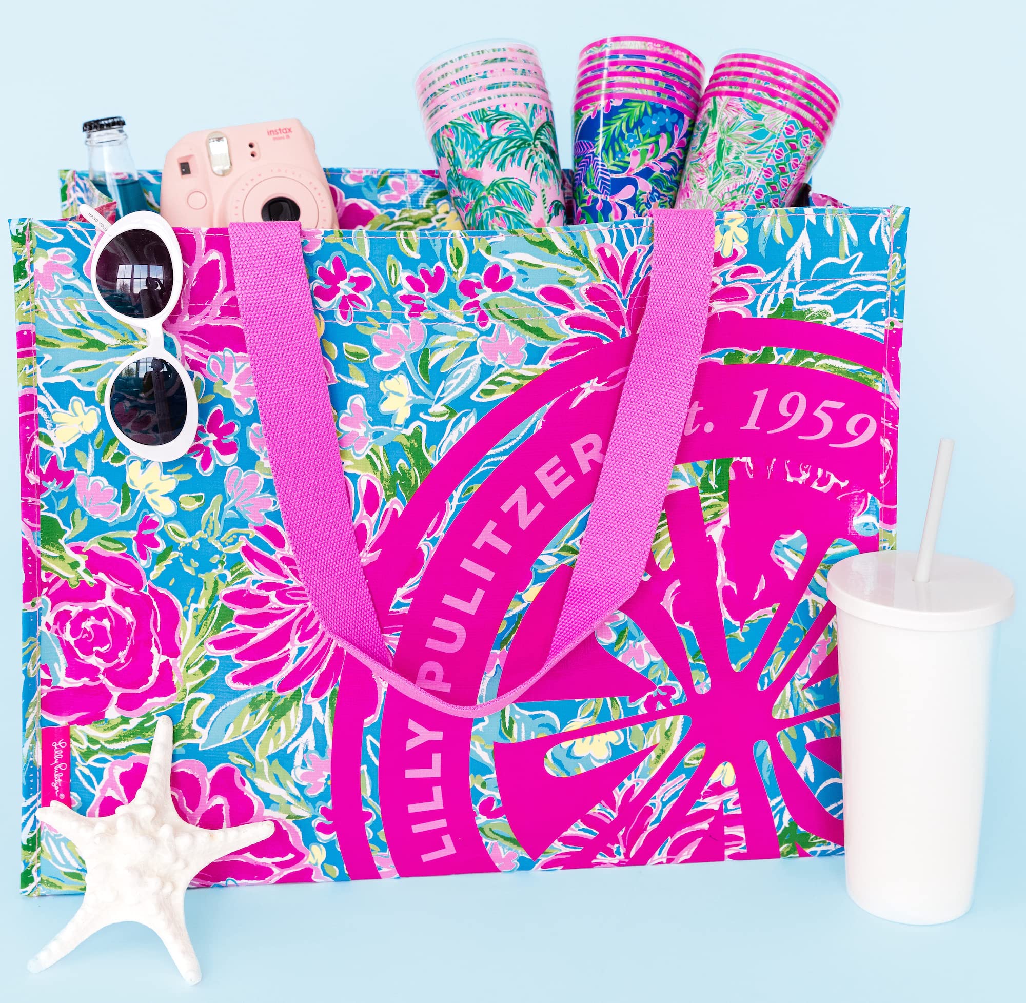 Lilly Pulitzer Blue/Green Xl Market Shopper Bag, Oversize Reusable Grocery Tote With Comfortable Shoulder Straps, Aqua La Vista