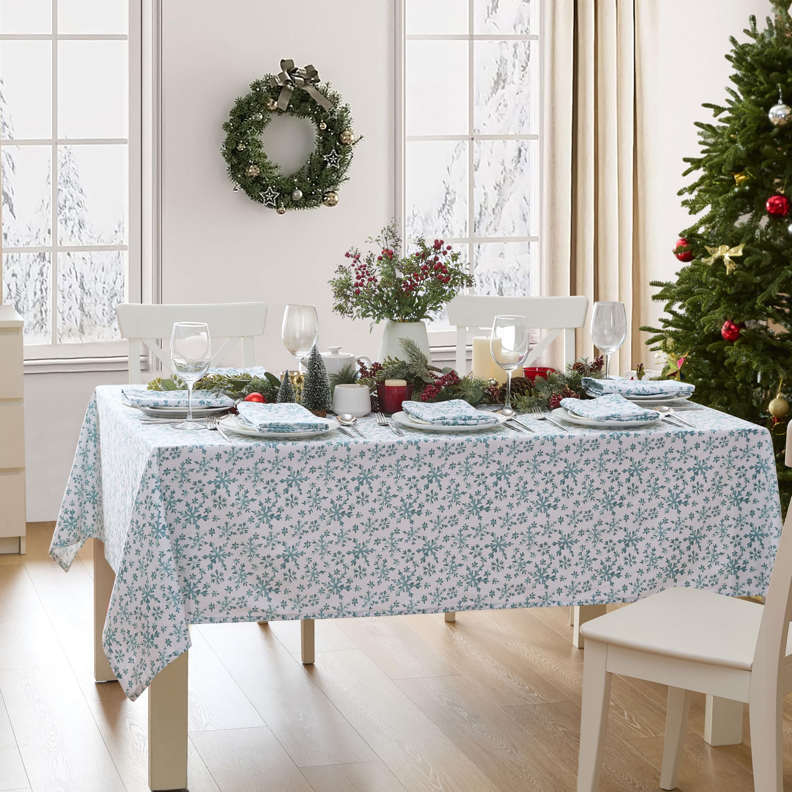 Lintex Frozen Blue Snowflakes Cotton Christmas Fabric Tablecloth  Blue and White Winter Holiday Snowflake Cotton Xmas Easy Care Cotton Tablecloth  52'' x 52'' Square