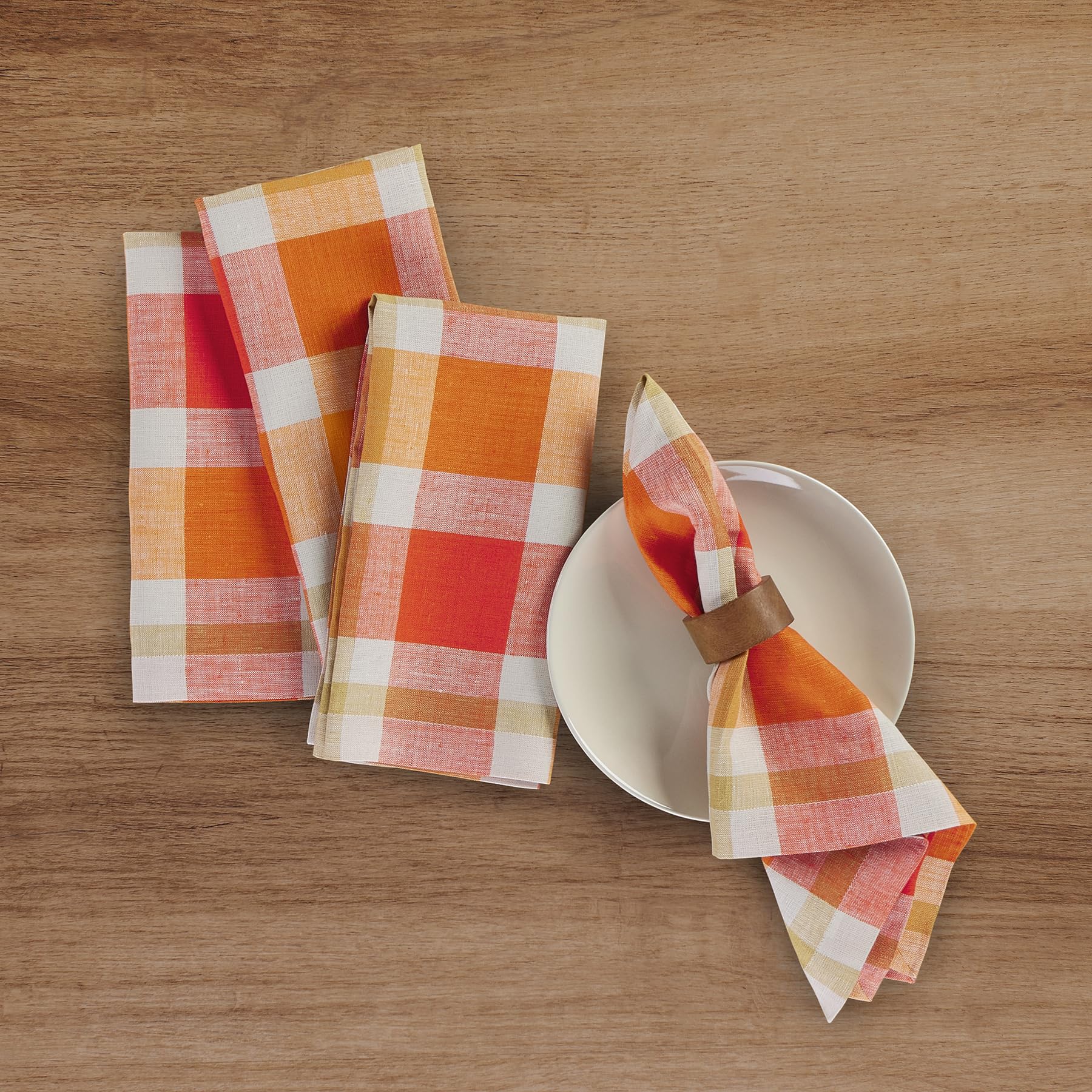 Solino Home Plaid Linen Dinner Napkins 20 X 20 Inch - 100% Pure Linen Pumpkin Fall Buffalo Check Cloth Napkins Set Of 4 - Handcr