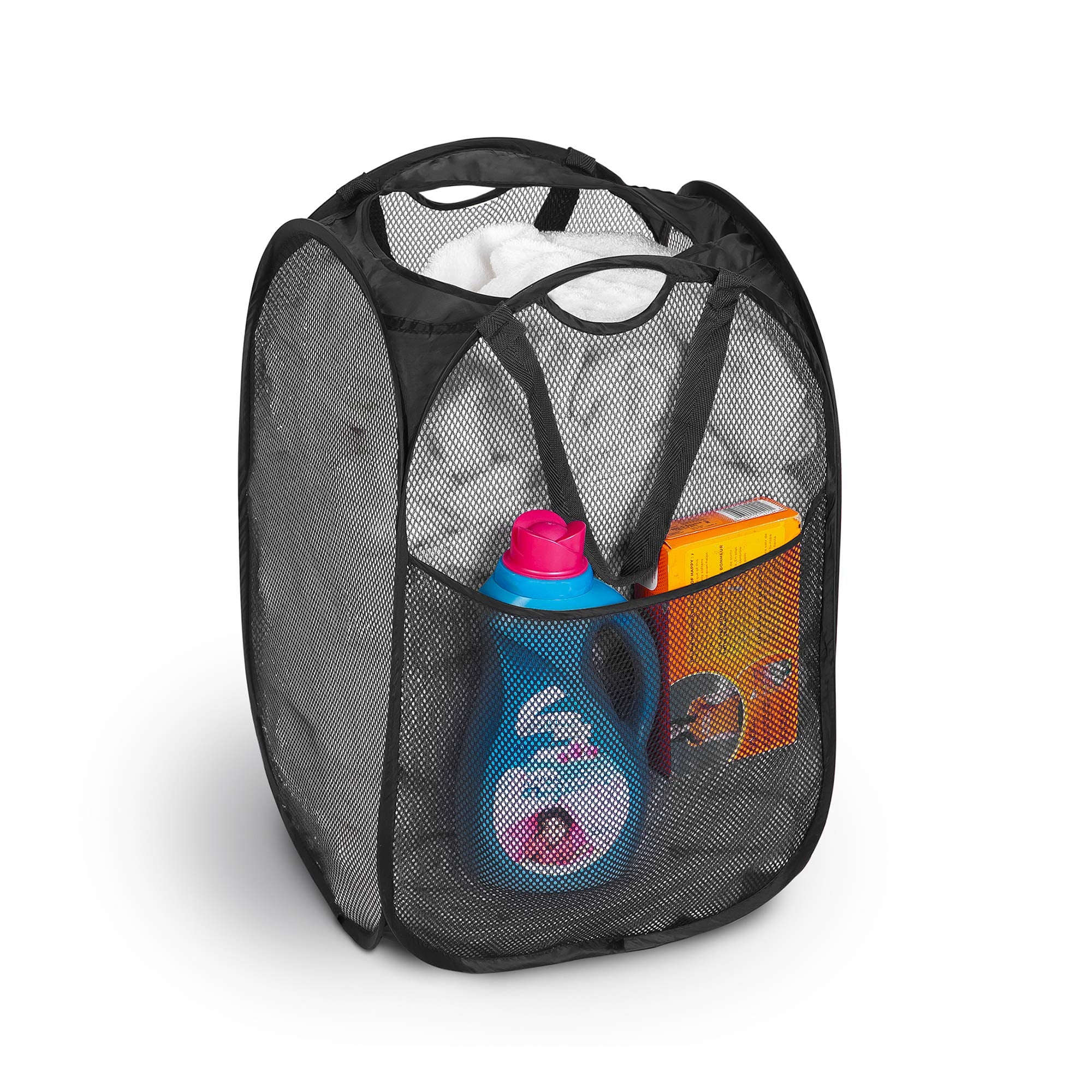 Smart Design Deluxe Mesh Pop Up Square Laundry Hamper W/ Side Pocket & Handles - Ventilair Fabric Collapsible Design - For Cloth