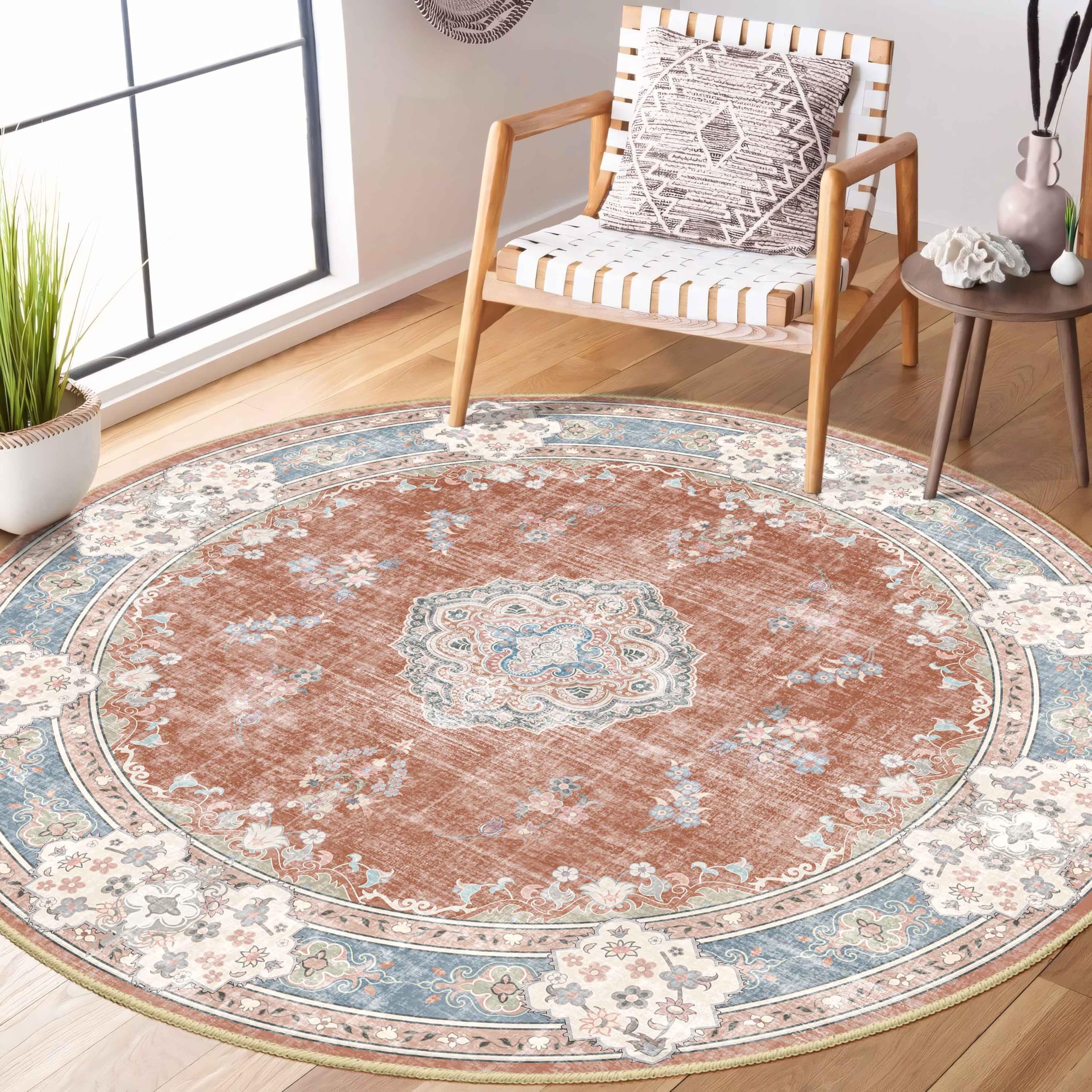 MUJOO Boho Round Rug 5ft,Circle Washable Area Rugs for Bedroom Living Room Bathroom, Large Vintage Distressed Non Slip Circular 