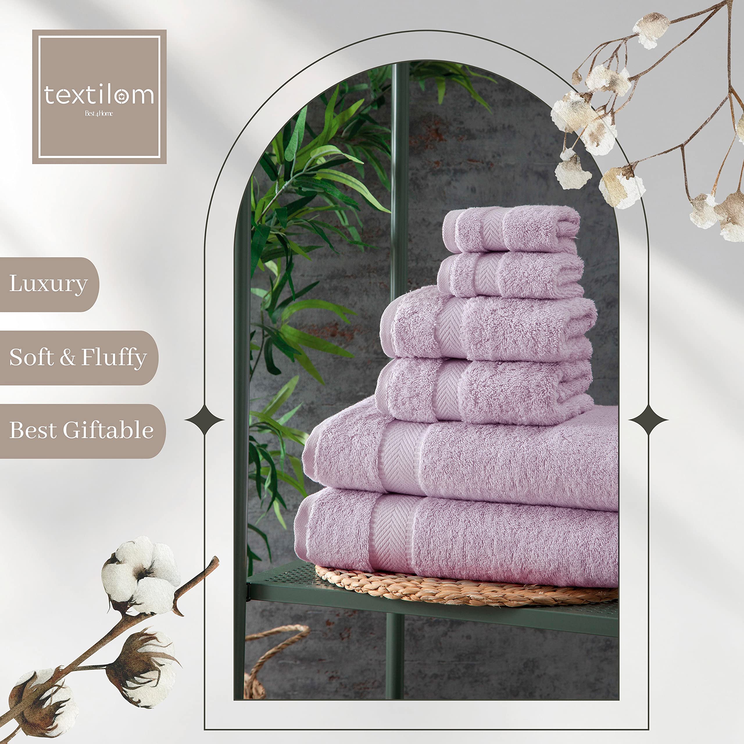 TEXTILOM 100% Turkish Cotton 6 Pcs Bath Towel Set  Luxury Soft & Absorbent Bathroom Towels Set (2 Bath Towels  2 Hand Towels  2 Washcloths)- Lilac