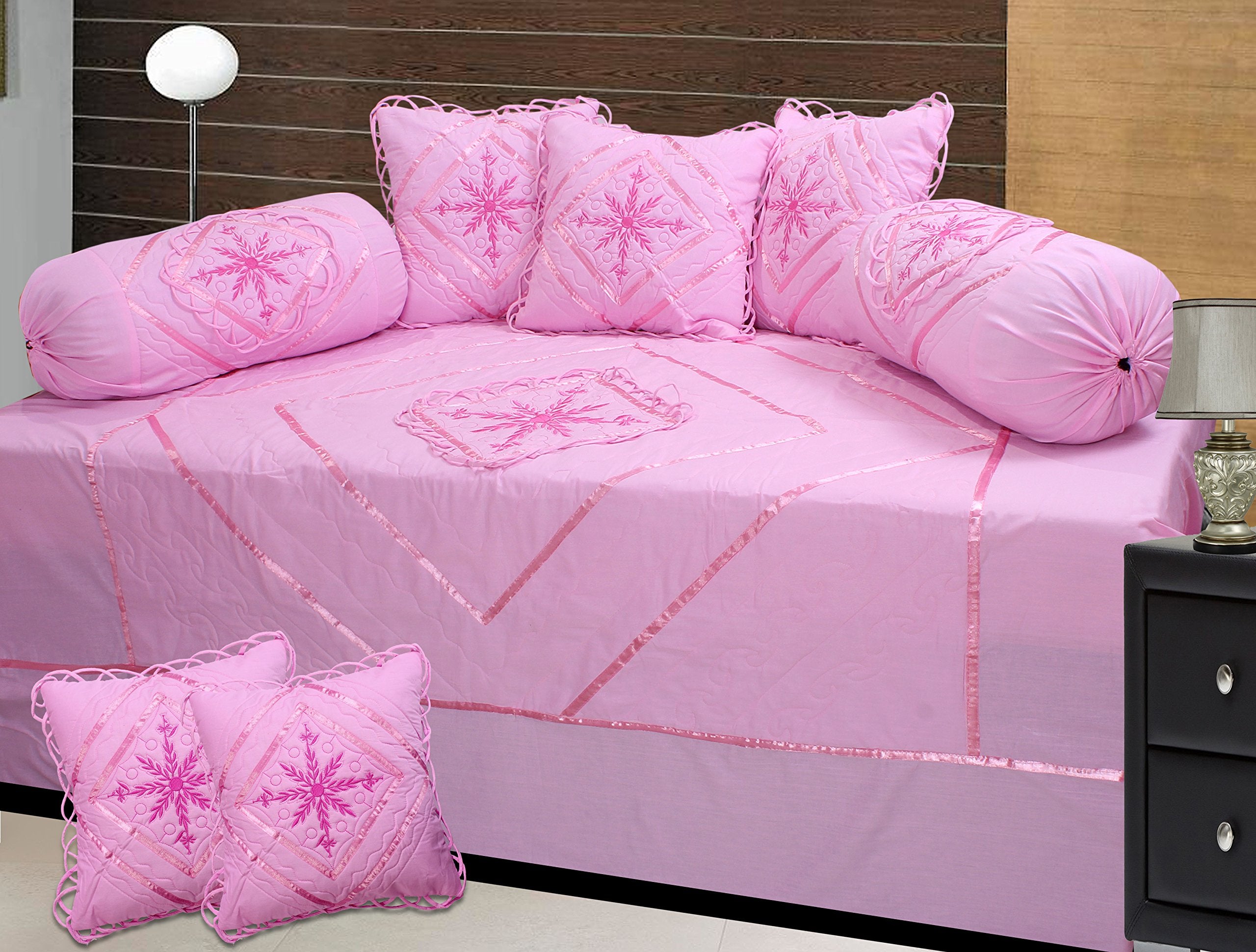 RJ Products Embroidery Pink Cotton Diwan Set (Pack of 8 Piece,Pink)