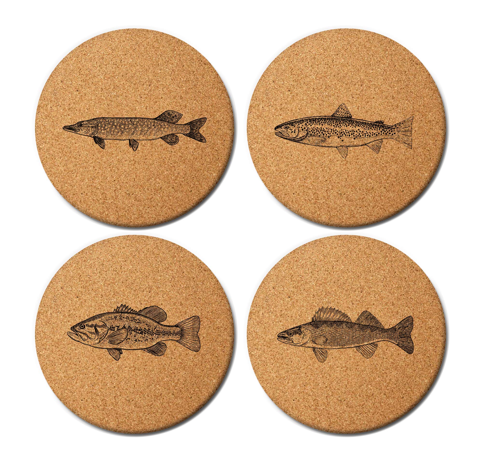 Fish Coasters (Set of 4) - Sustainable Absorbent Cork - Unique Gift for Guys - Car Coasters for Bass Fishermen  Freshwater  Saltwater  Coastal Decor  A Birthday Gift for Men - Fun Drink Mats