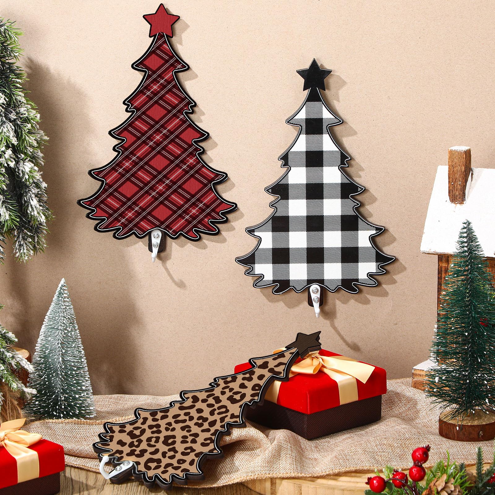 3 Pcs Christmas Stocking Holder Set 8.7 Inches Wooden Christmas Tree Hangers Decorative Xmas Towel Rack Decorative Wall Hook Sto