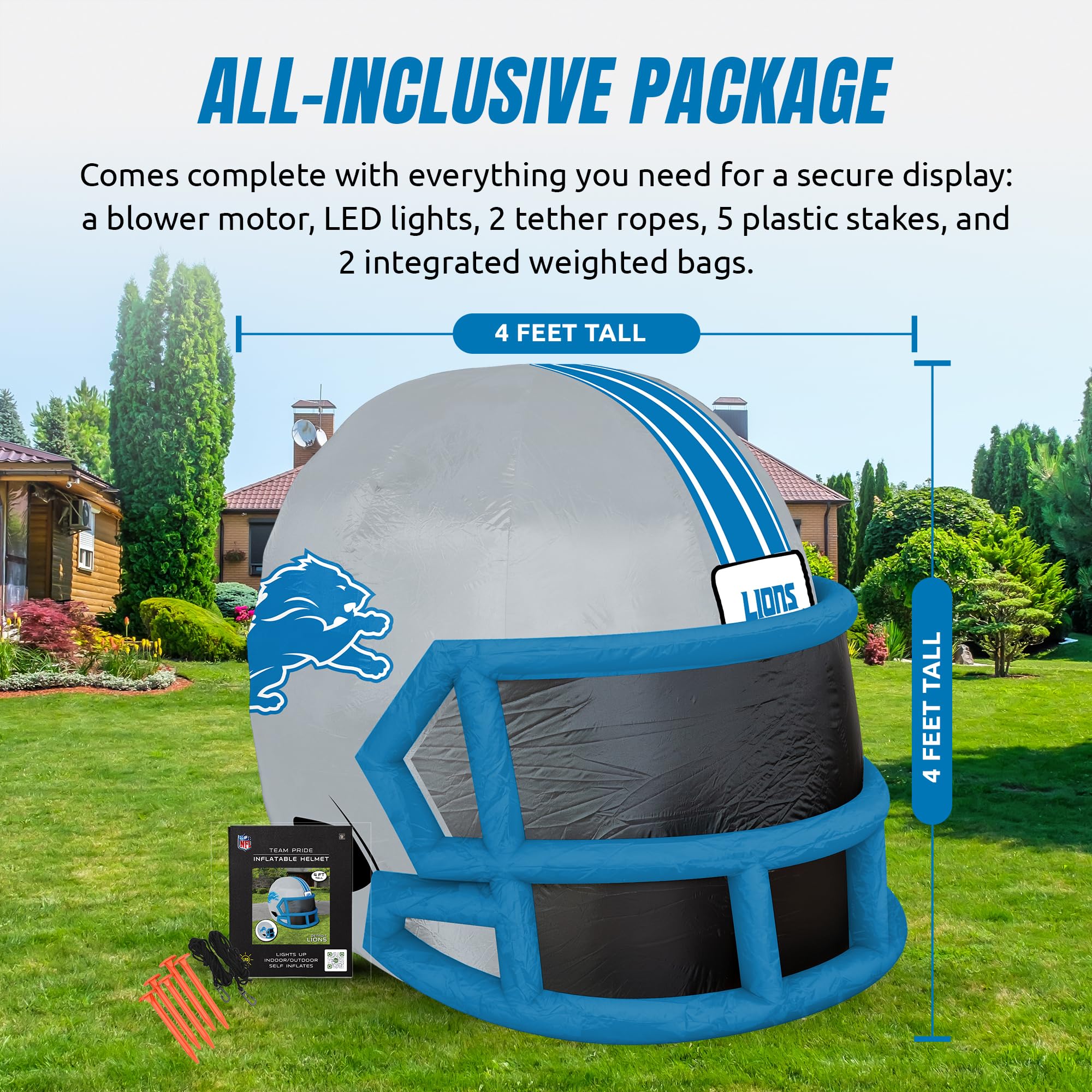 Sporticulture NFL Detroit Lions 4ft Inflatable Helmet with LED Lights & Built-in Blower - Merchandise Decor Ideal for Lawn, Fron