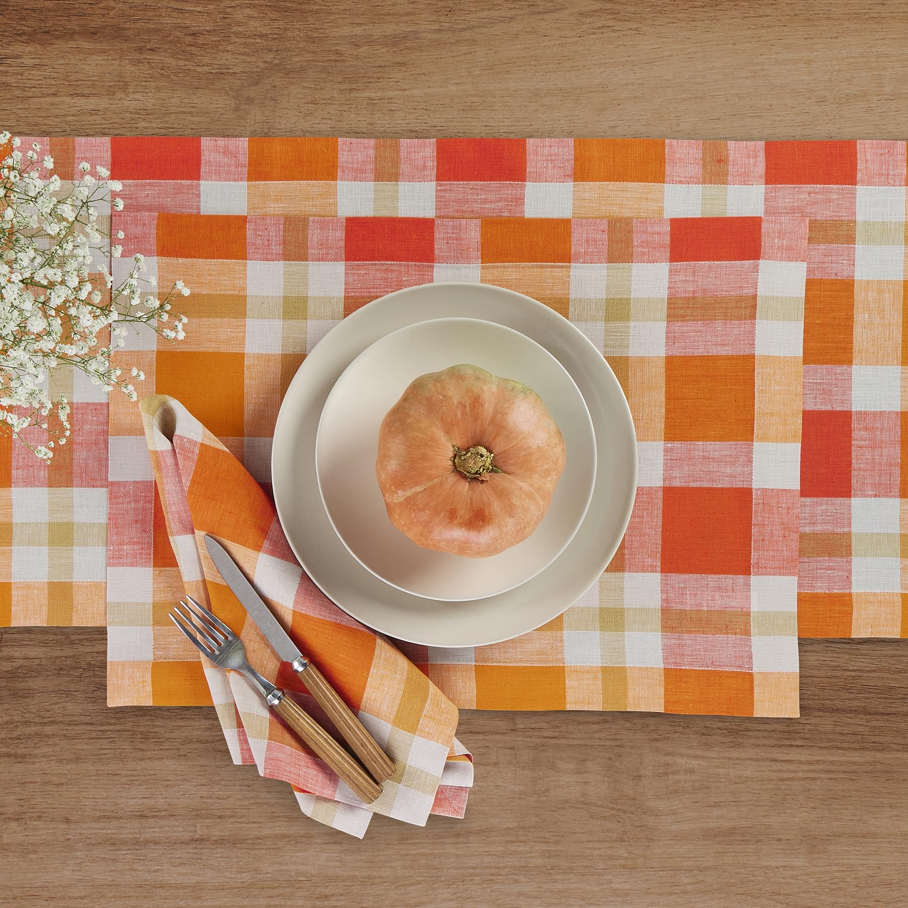 Solino Home Plaid Linen Dinner Napkins 20 X 20 Inch - 100% Pure Linen Pumpkin Fall Buffalo Check Cloth Napkins Set Of 4 - Handcr
