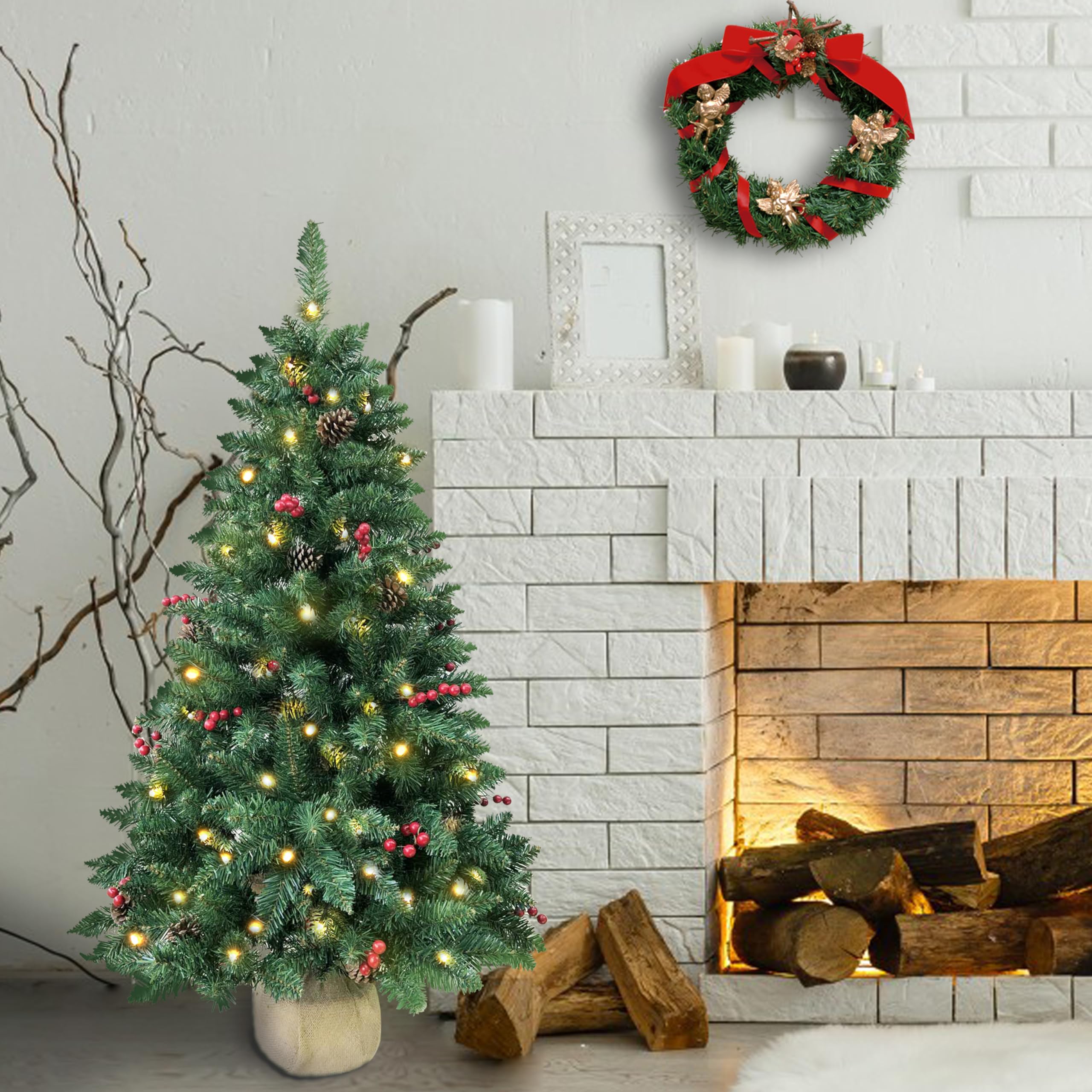 SZCXTOP 4ft Pre-lit Christmas Tree,Artificial Pine 300 PVC Branches Tips with 20 Red Berries & 20 Pinecone & 100 LED Lights & Bu