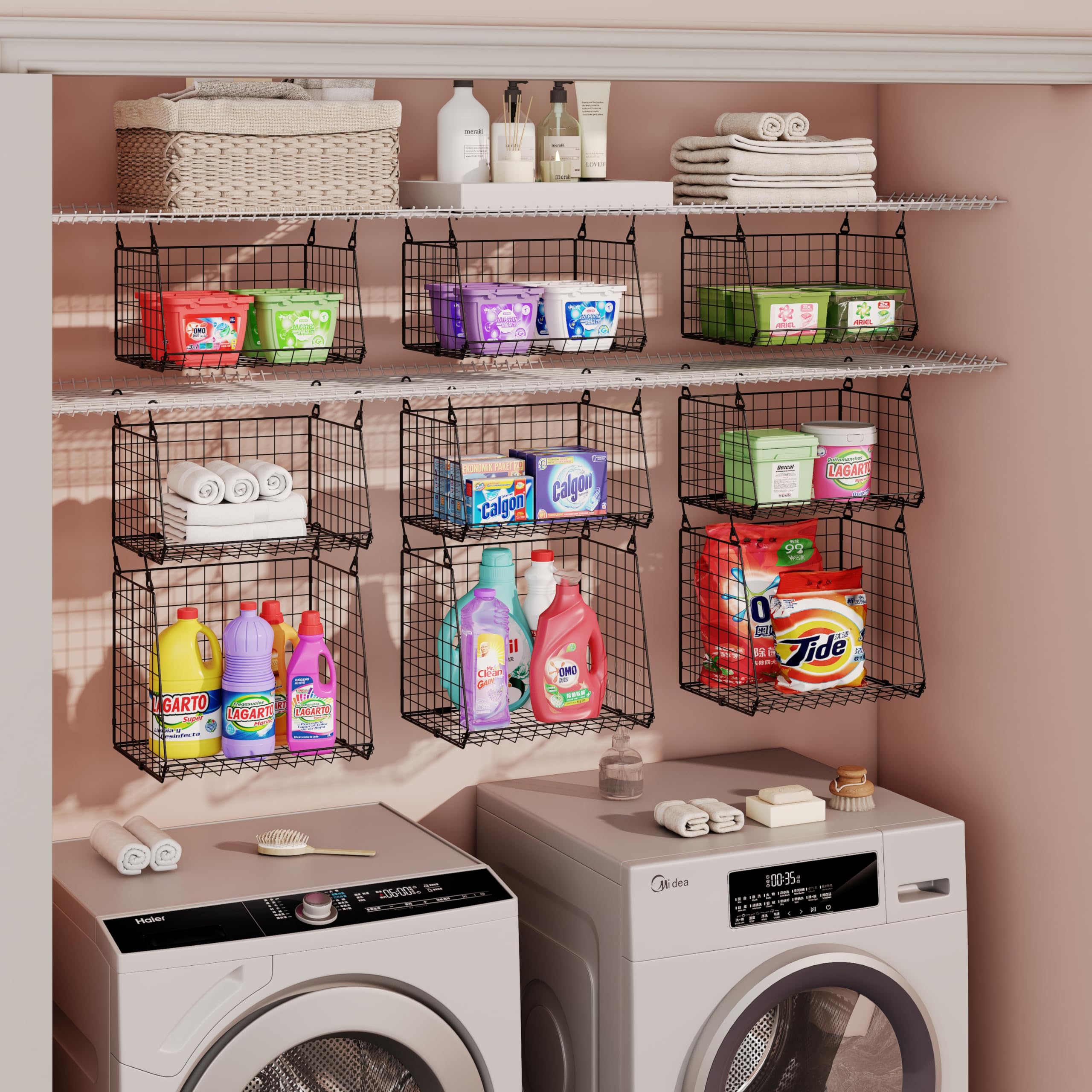 4-Tier Hanging Laundry Room Organizer:Foldable Laundry Room Organizaton Wire Shelf Basket With 360Rotating Hooks Space Saving Ov