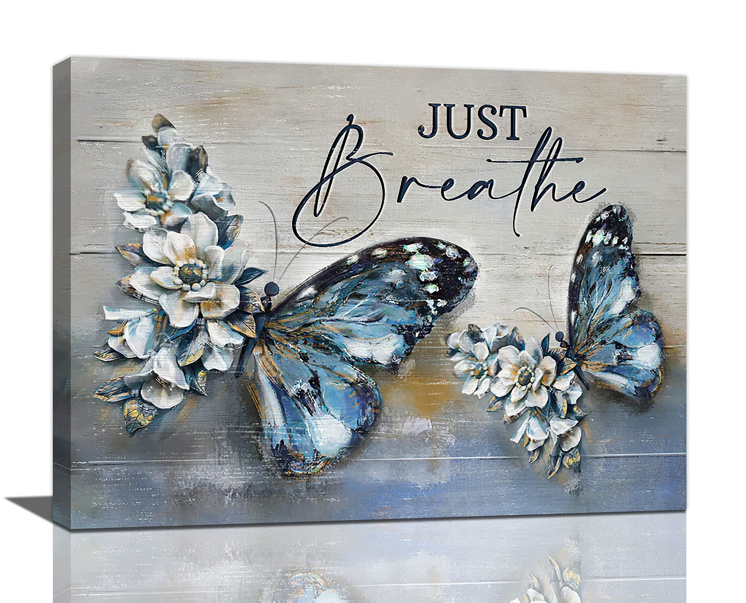 Farmhouse Blue Butterfly Flower Decor Wall Art Vintage Rustic Country Butterfly Just Breathe Pictures Wall Decor Canvas Painting