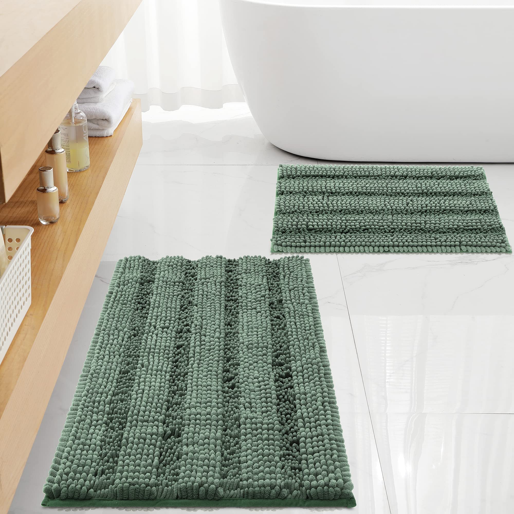 Floleopa Non Slip Thick Shaggy Chenille Sage Green Bathroom Rug Sets 2 Piece, Thickened Hot Melt Rubber Bottom Bath Mats For Bat