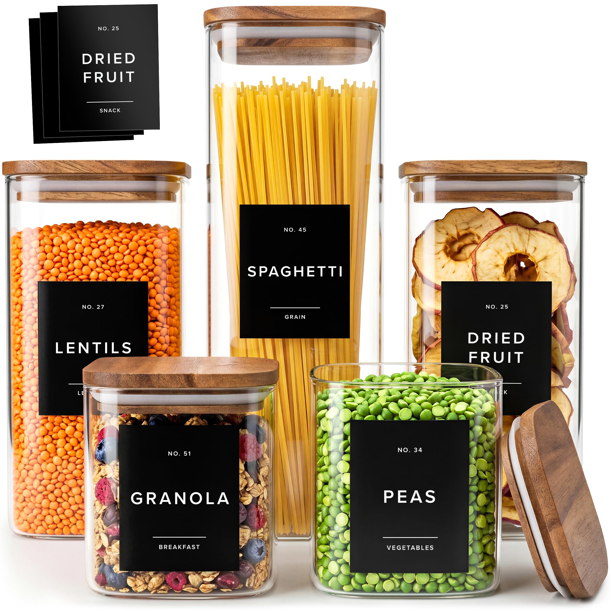 Glass Pantry Storage Jars Containers with Acacia Lids and Labels  Set of 5