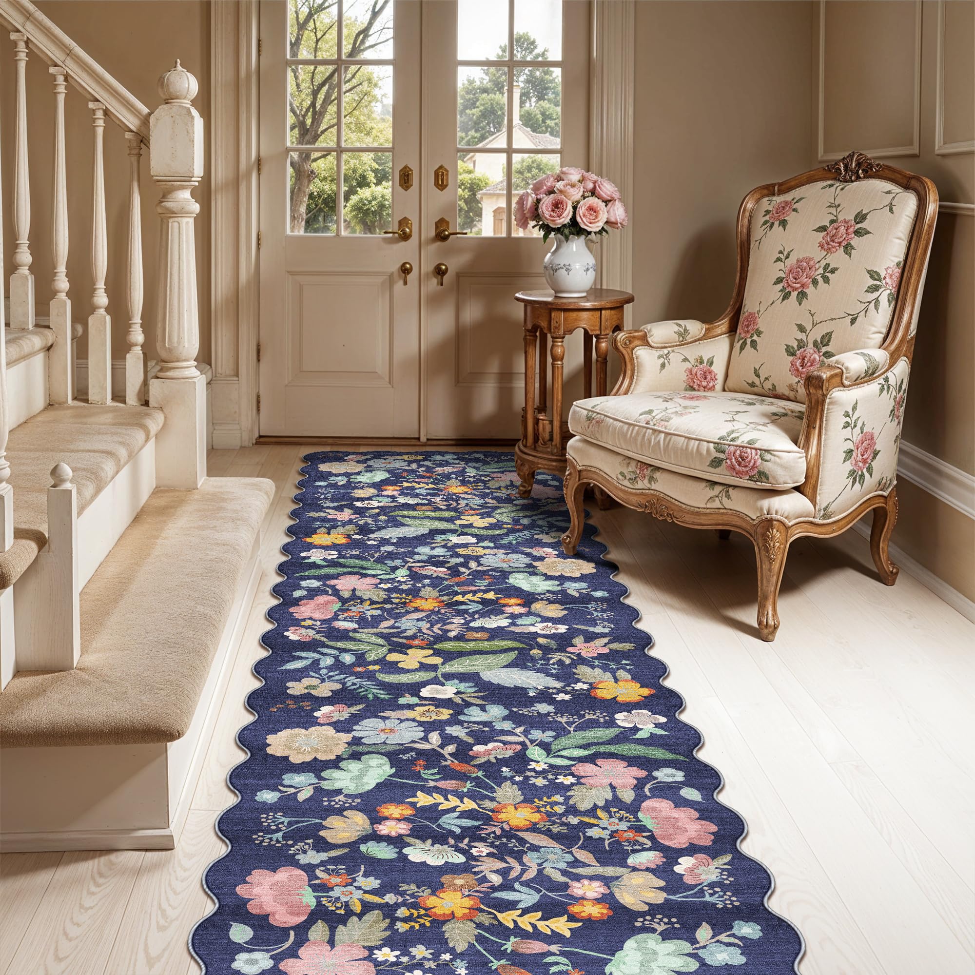 Washable Non-Slip Runner Rug 2x8: Water-Resistant Floral Kitchen Rug Indoor Low Pile Floor Mat for Living Room Bedroom Dining Ro