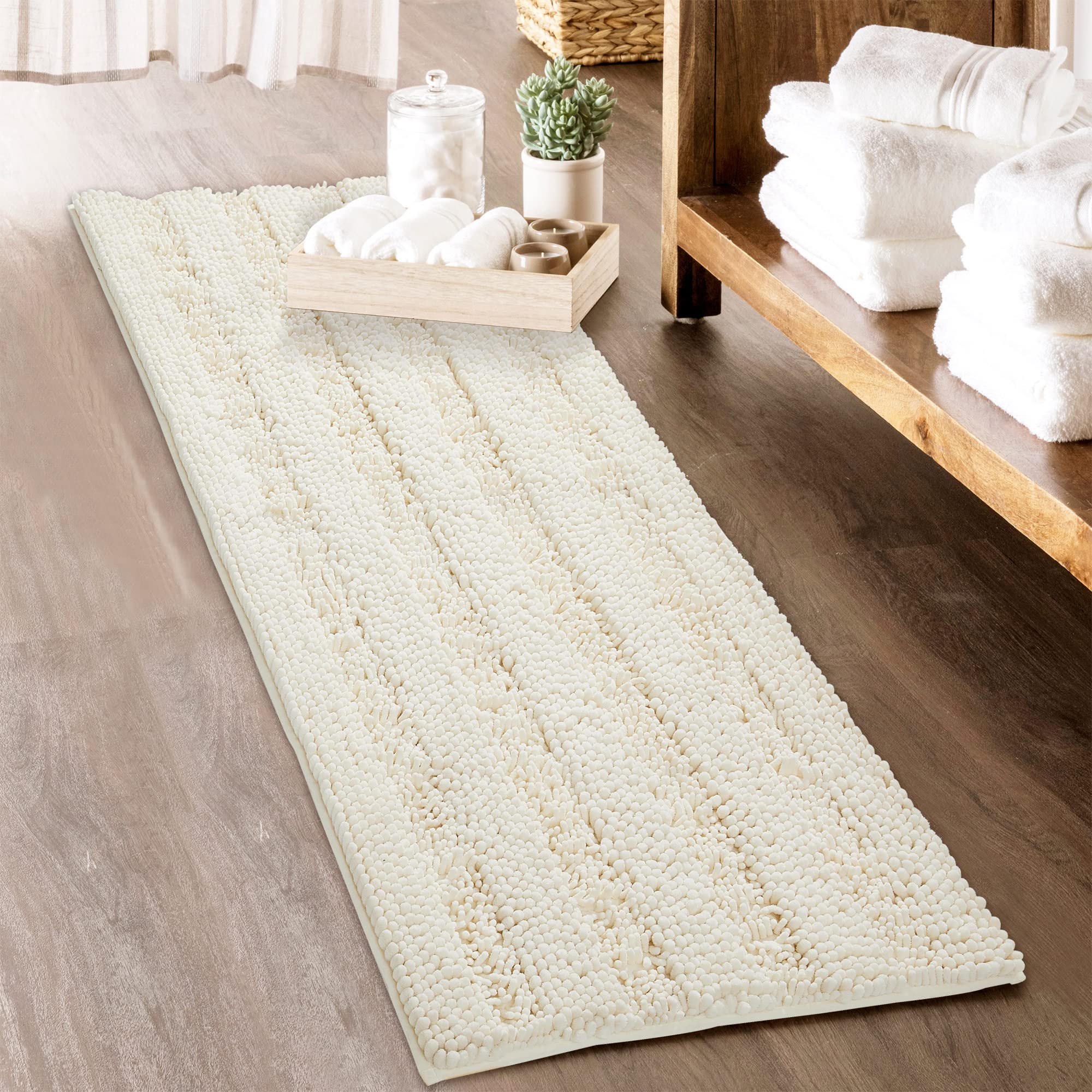 Bath Mat For Bathroom - White Super Soft Shower Rug Non-Slip Washable Absorbent Quick Drying Chenile Bathtub Floor Carpet, Cream