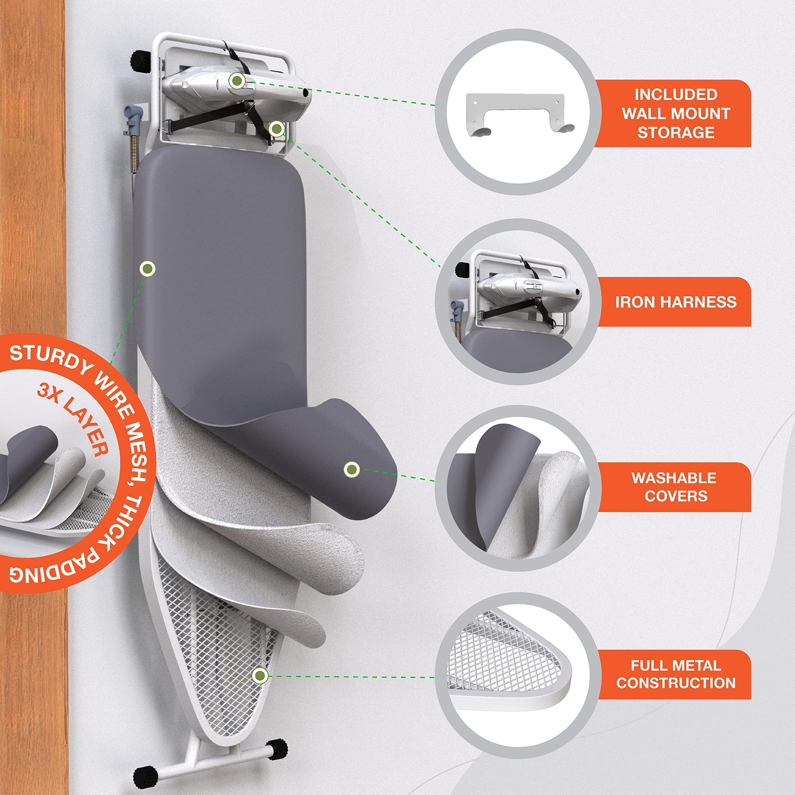 Xabitat Full Size Ironing Board 57'' X 15'' W/Wall Mount Hanger | Full Metal Construction Iron Board| Built In Iron Caddy | Heat