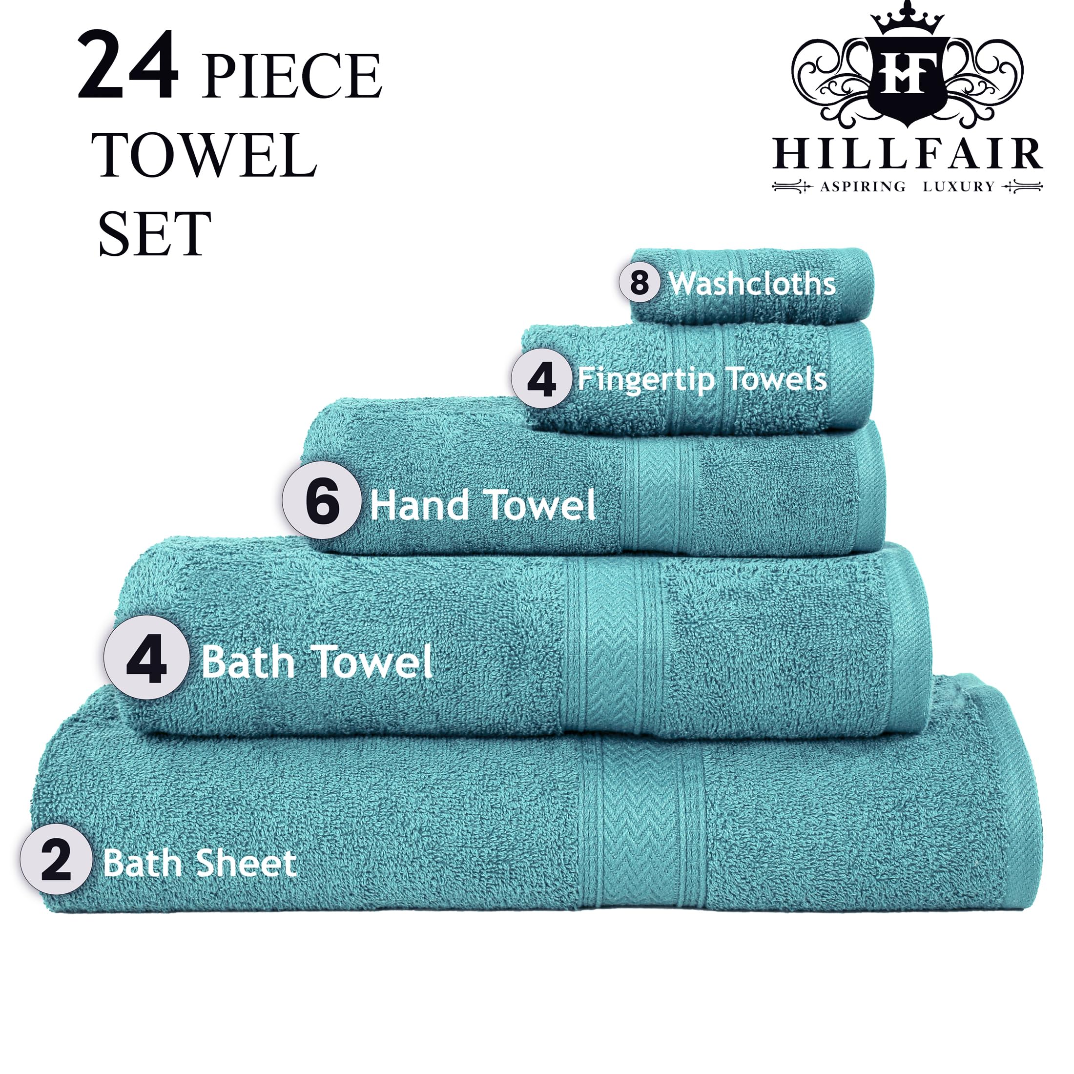 Hillfair Bathoom Towel Set of 24 Pieces  2 Bath Sheets  4 Bath Towels  6 Hand Towels  4 Fingertip Towels  8 Washclothes  Quick Drying  High Absorbent Towel Set for Bathroom: Aqua/Sea Green
