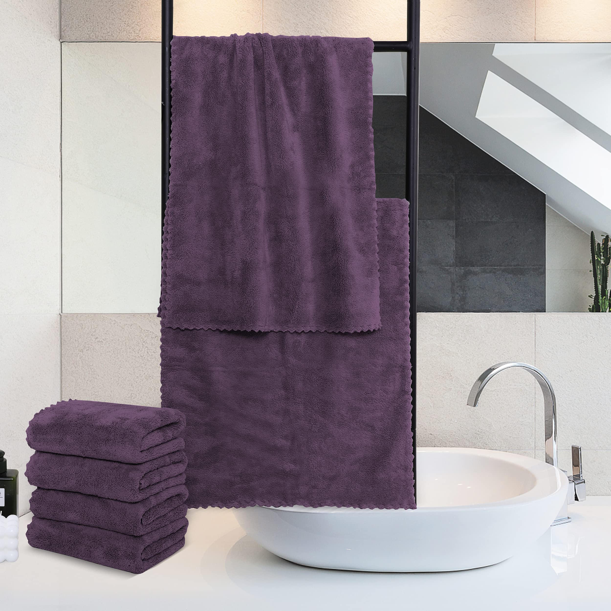 MOONQUEEN 6 Pack Premium Hand Towels - Quick Drying - Microfiber Coral Velvet Highly Absorbent Towels - Multipurpose Use as Hotel  Bathroom  Shower  Spa  Hand Towel 16 x 28 inches (Plum)