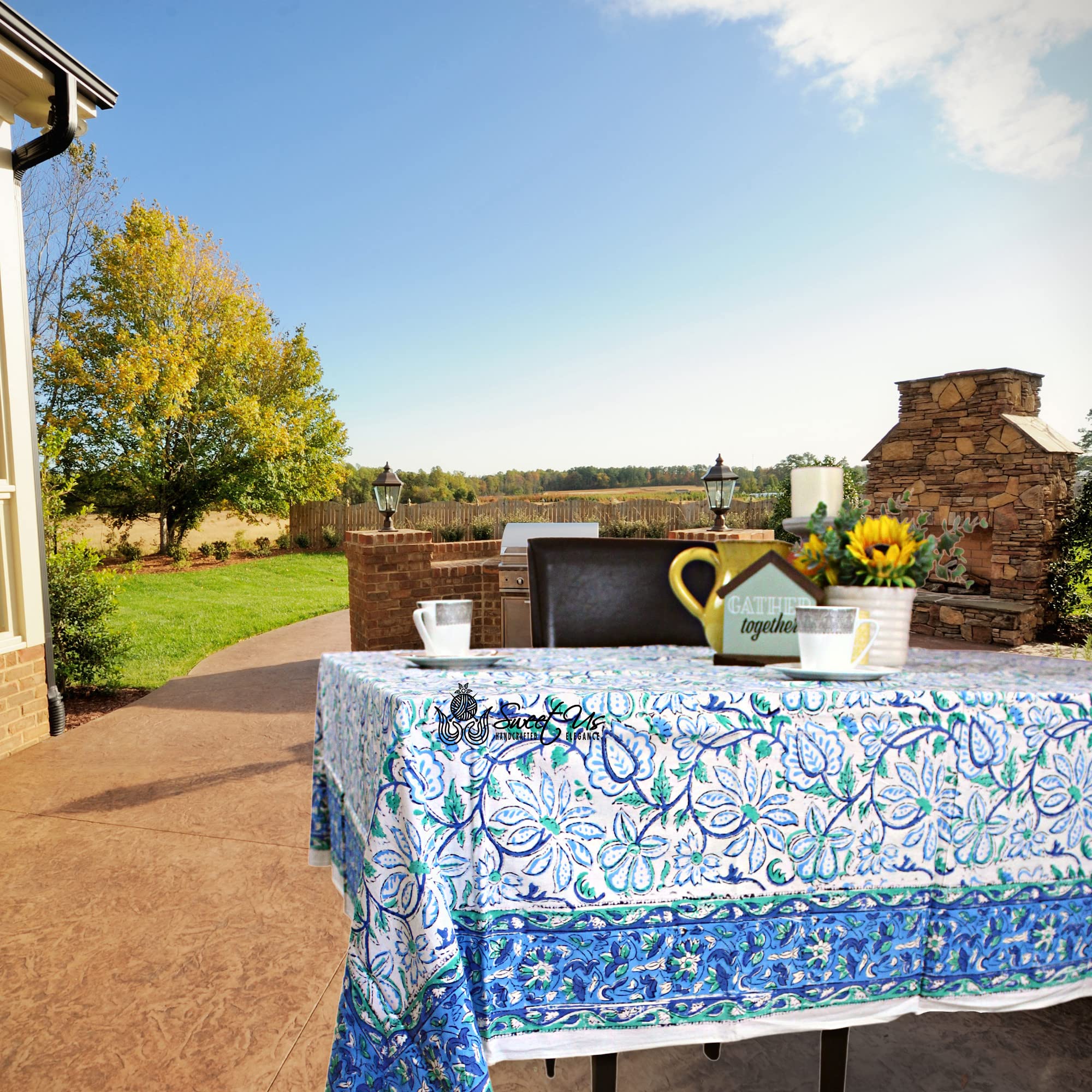 Sweet Us Venetia Block Print Tablecloth For Square Tables 70X70 And One Gray Napkin, Floral Cotton Kitchen, Dining Linen, Blue G