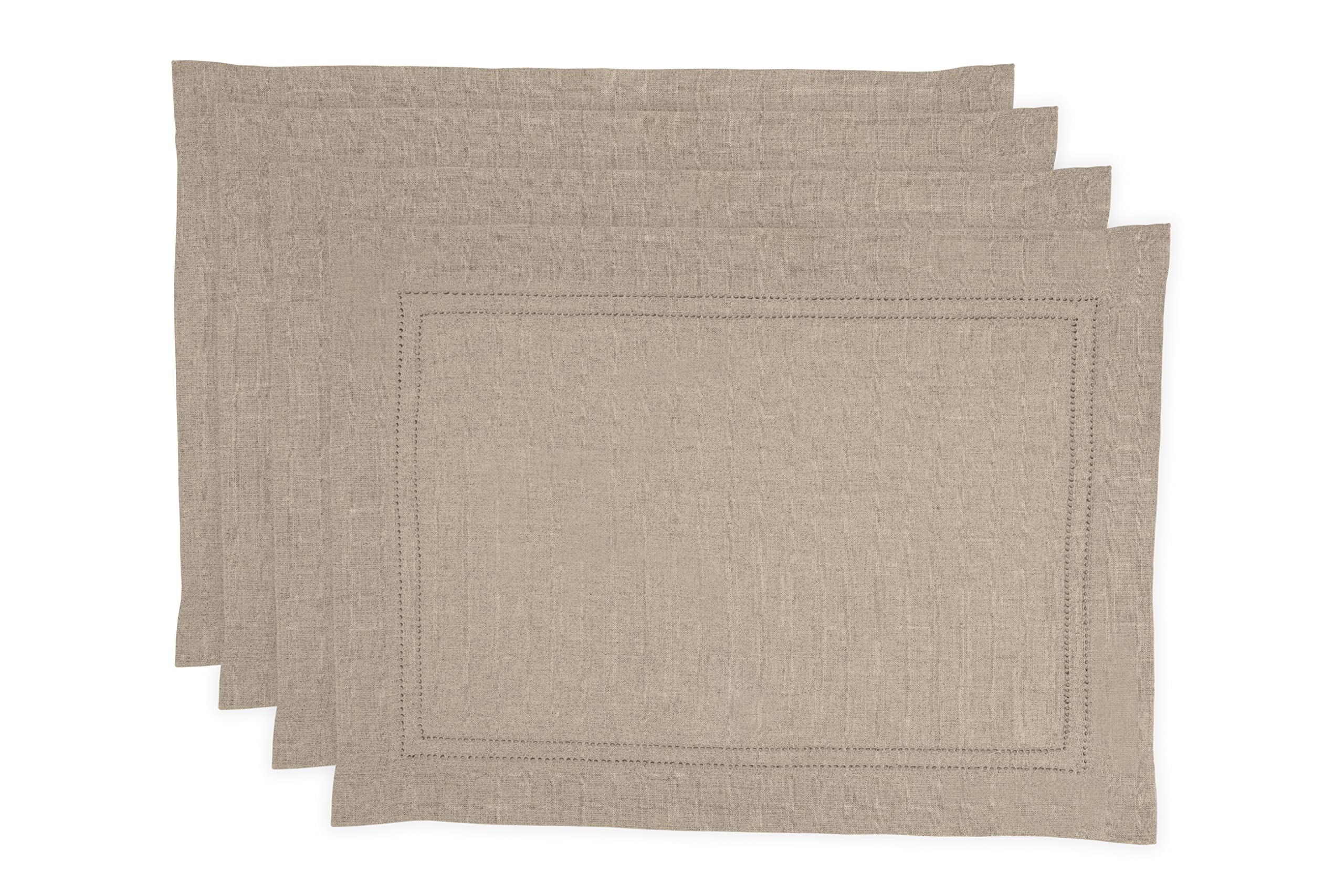 Solino Home Linen Placemats 19'' L X 14'' W Inch - 100% Pure Linen Natural Cloth Placemats Set Of 4 - Linen Double Hemstitch Was