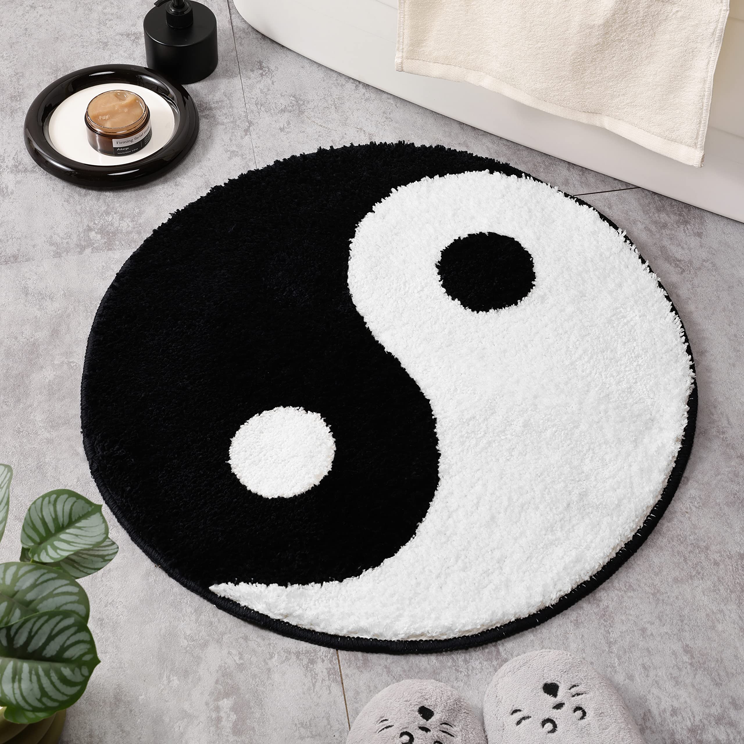 Truedays Yin Yang Bath Mat For Bathroom Floor, Circle Black And White Anti Slip Bath Rug, Round Ultra Soft And Fluffy Machine Wa