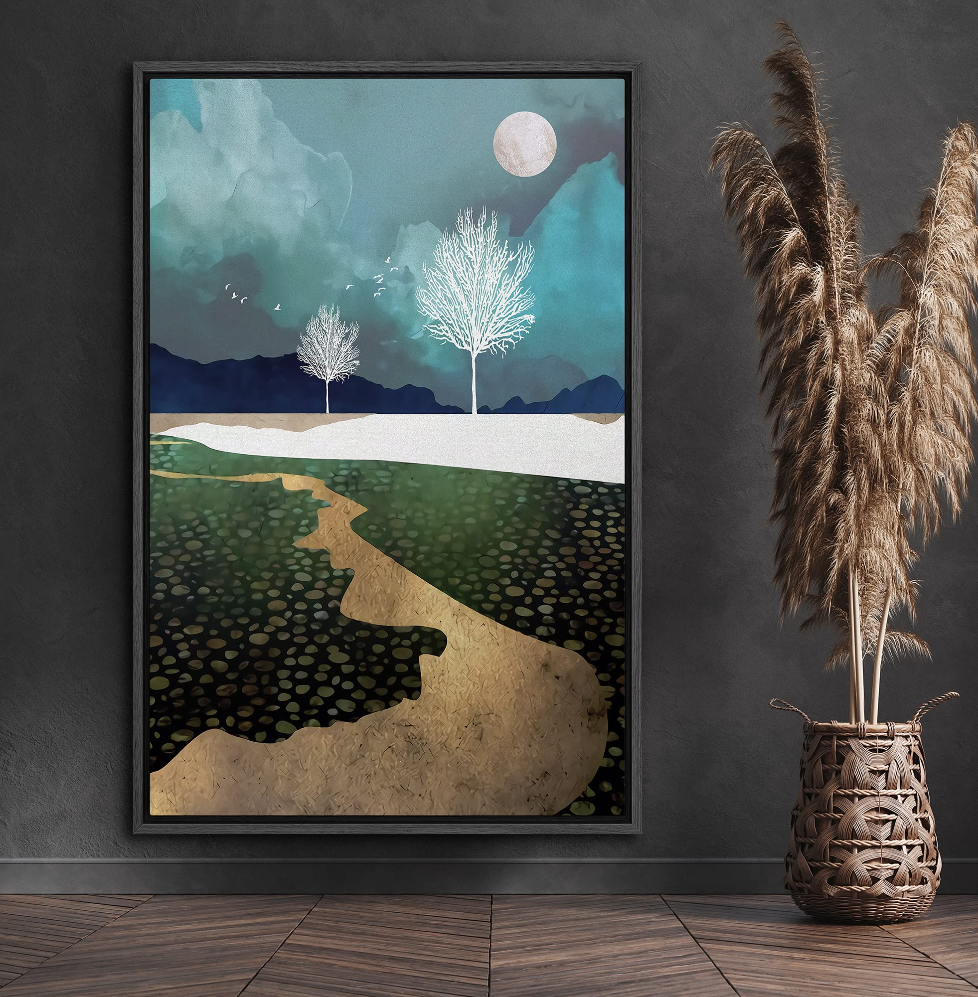 Signford Framed Canvas Print Wall Art Golden Path With White Tree Silhouettes Abstract Wilderness Illustrations Modern Art Conte