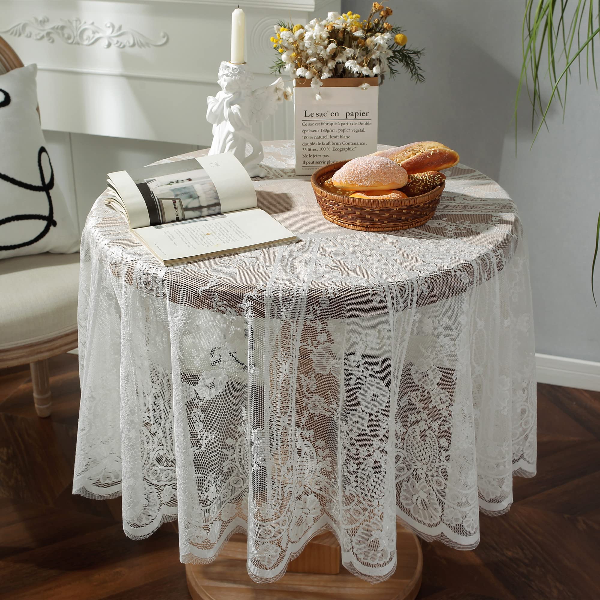 White Lace Tablecloth Embroidered Elegant Floral Patterns Table Cloth Round Overlay Table Cover For Wedding Party Holiday Long D