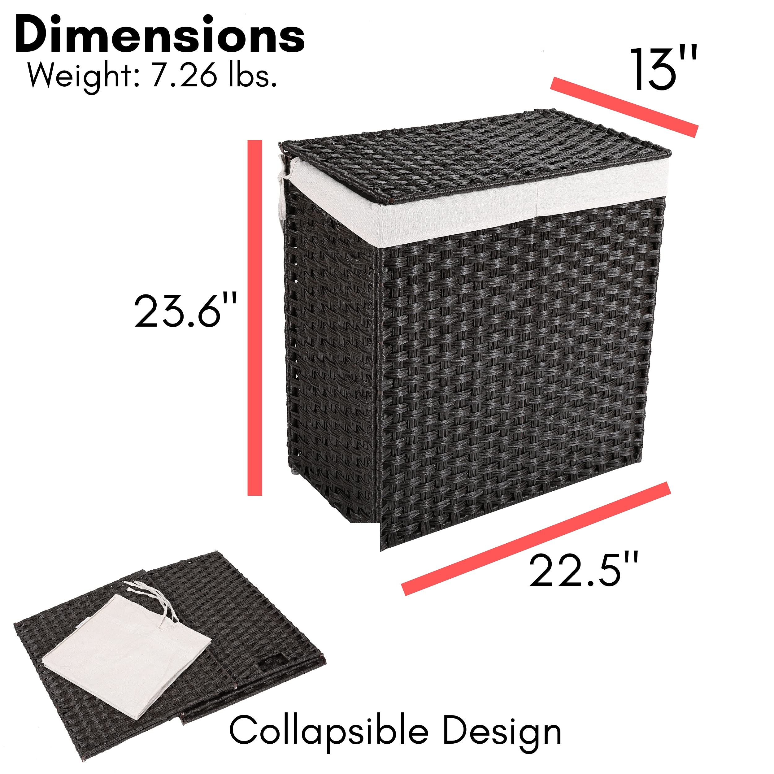 Hand Woven Divided Laundry Hamper With Lid | Double Sorter With Liner Bags | Large Collapsible Hampers | Foldable Bin | Syntheti