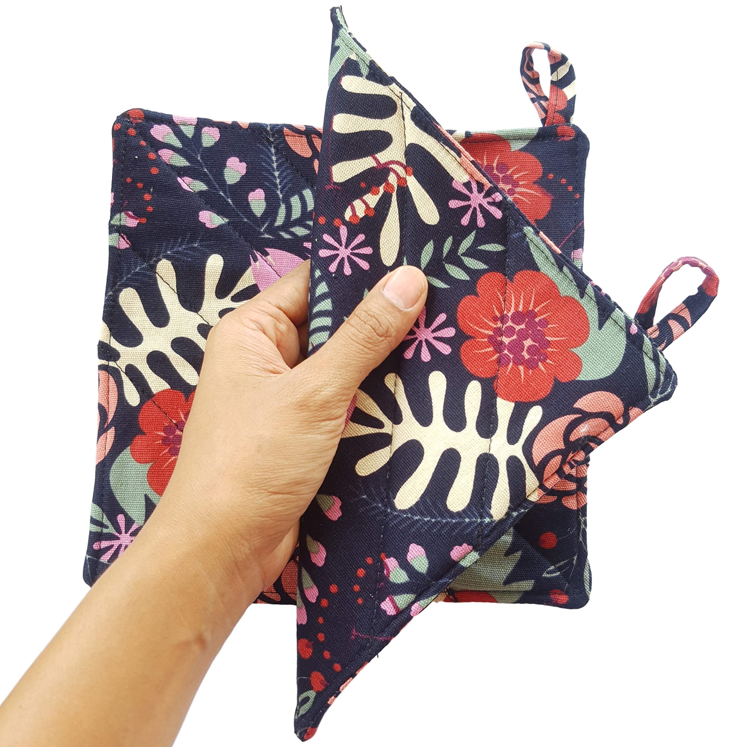 Cushystore Canvas Pot Holder Oven Pads Potholders Navy Blue For Cooking Kitchen 7.75'', 2 Pack (Exotic Flower)