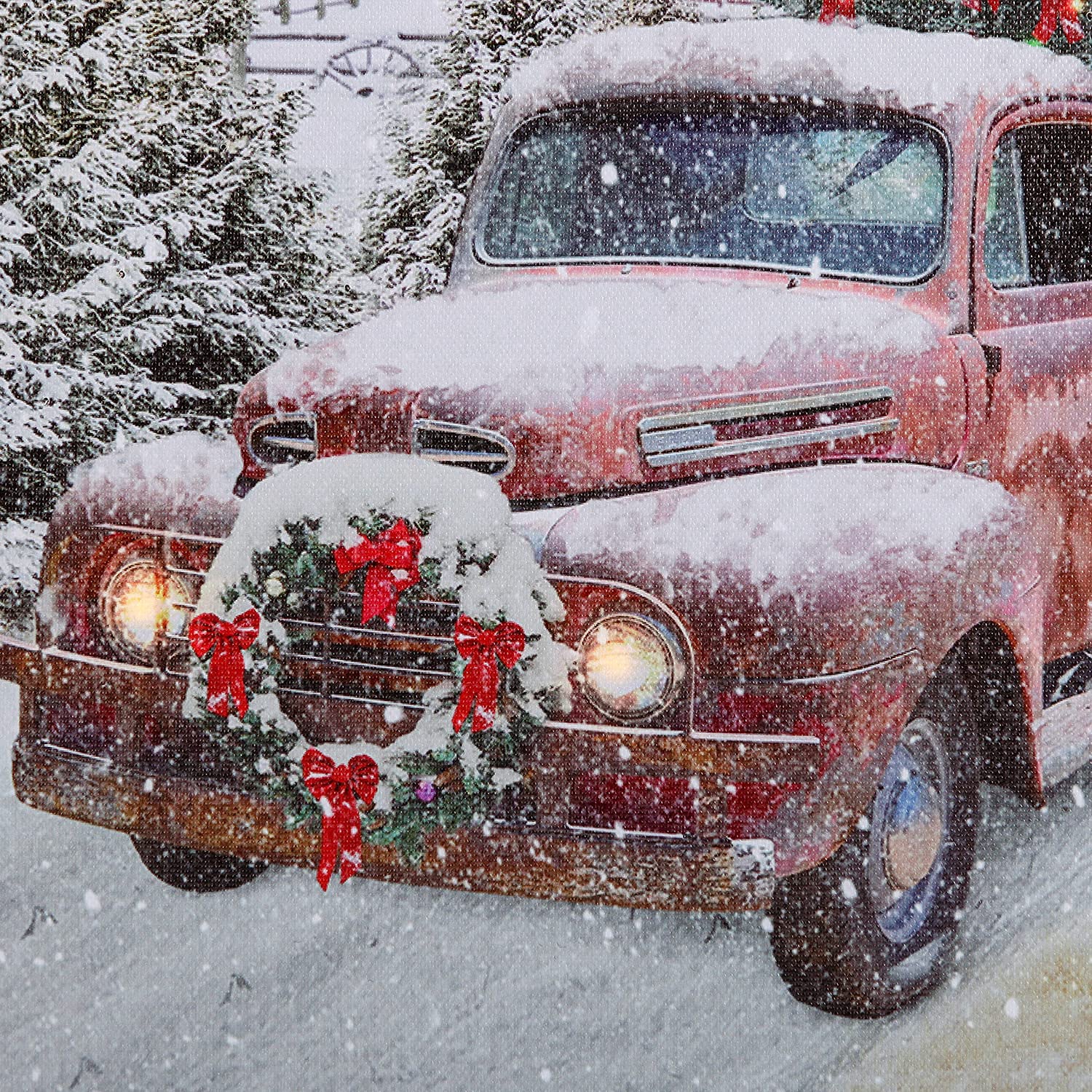 NIKKY HOME 16'' x 12'' Christmas LED Lighted Canvas Wall Art Prints Light Up Red Truck Barn House and Christmas Tree Picture Winter Snow Scene for Holiday Decor