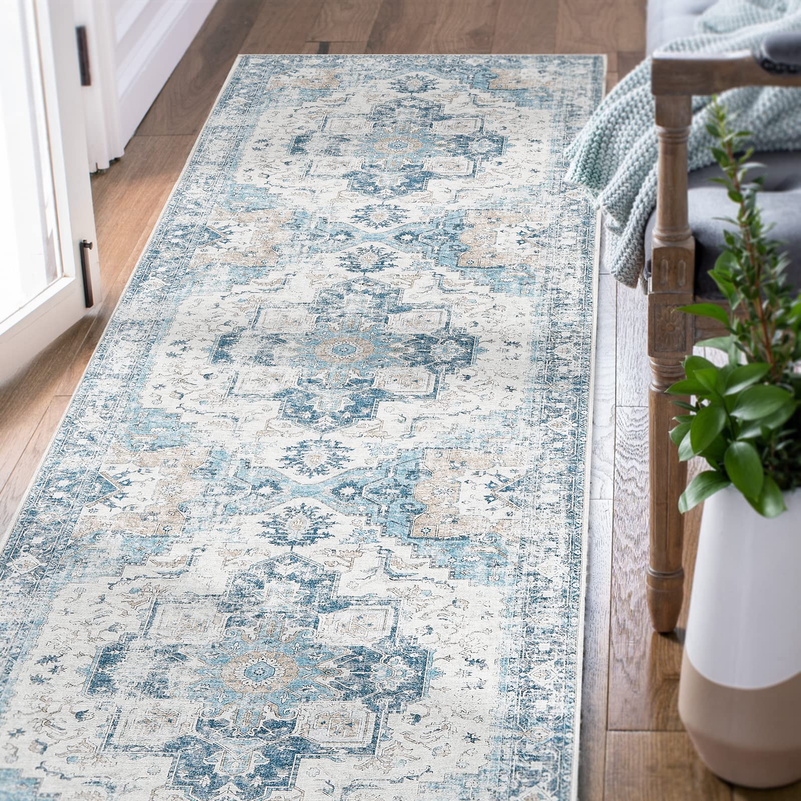 jinchan Area Rug 2x6 Washable Rug Runner Rug Hallway Indoor Vintage Blue Print Rug Retro Distressed Carpet Rug Thin Mat Foldable