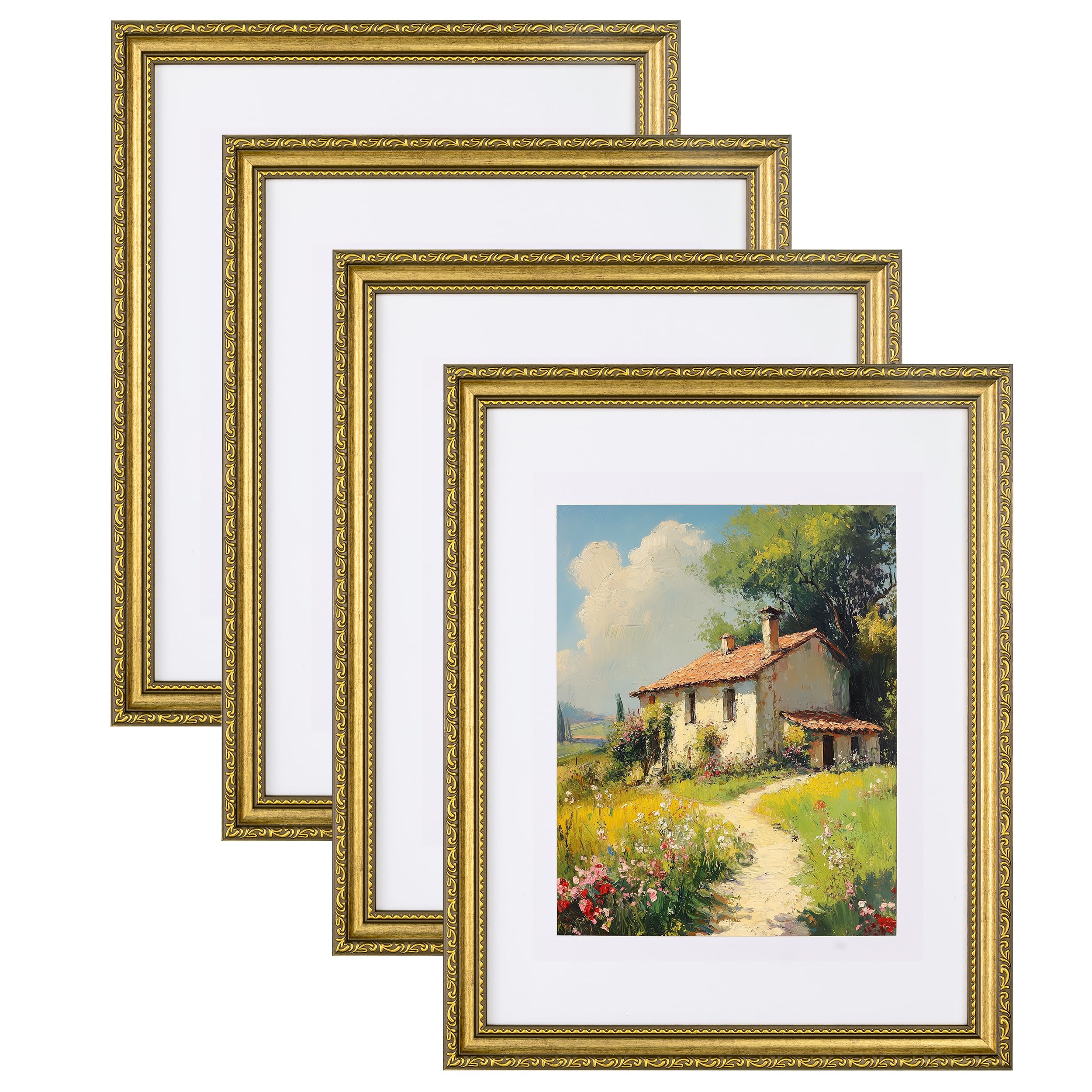 eletecpro 11x14 Picture Frames Set of 4, Vintage Photo Frame with Glass, Gold Frames 11 x 14 Display 8x10 Photo with Mat or 11x1