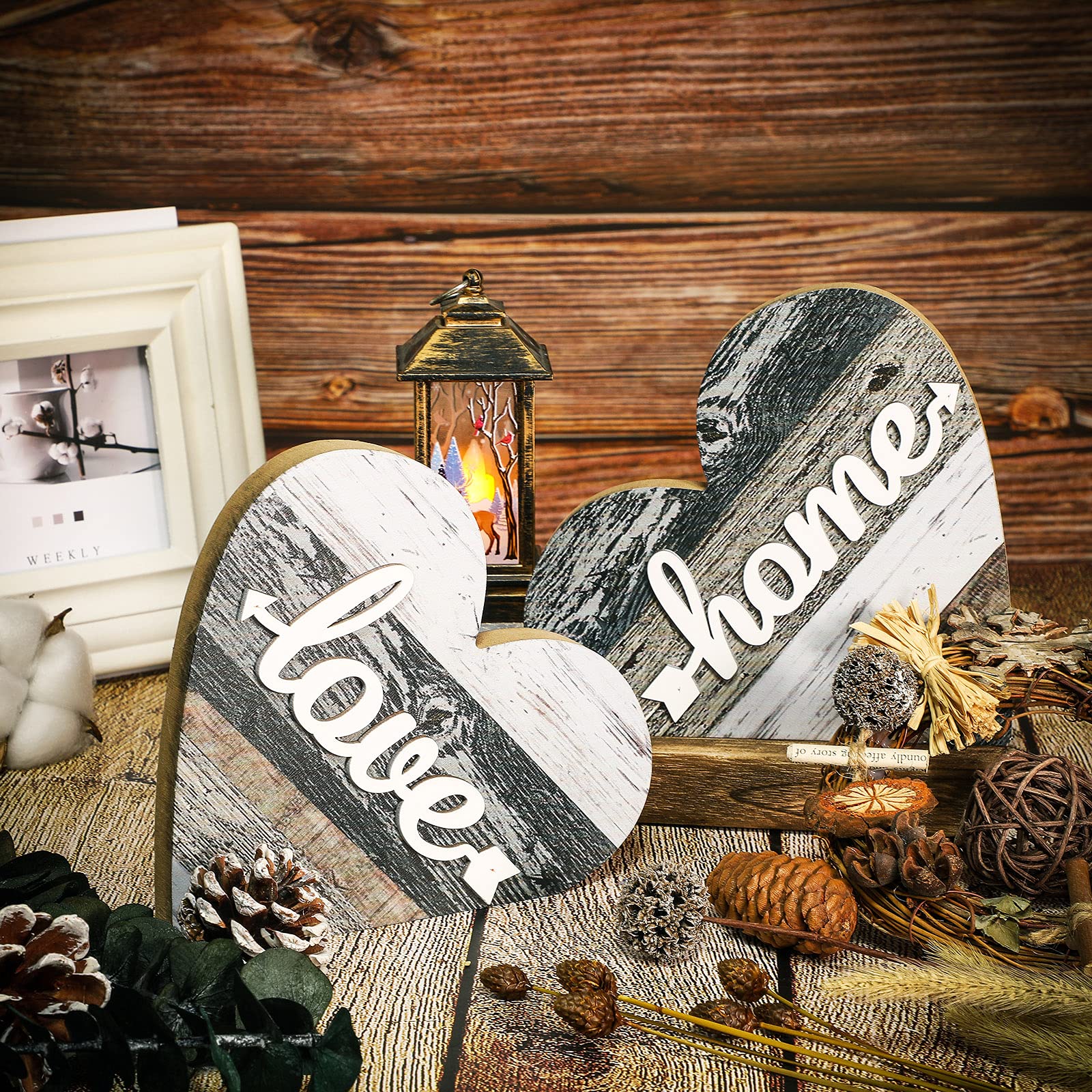 Jetec 2 Pcs Rustic Table Decorations for Living Room Home Farmhouse Table Centerpieces Small Love Wooden Heart Decor for Dining