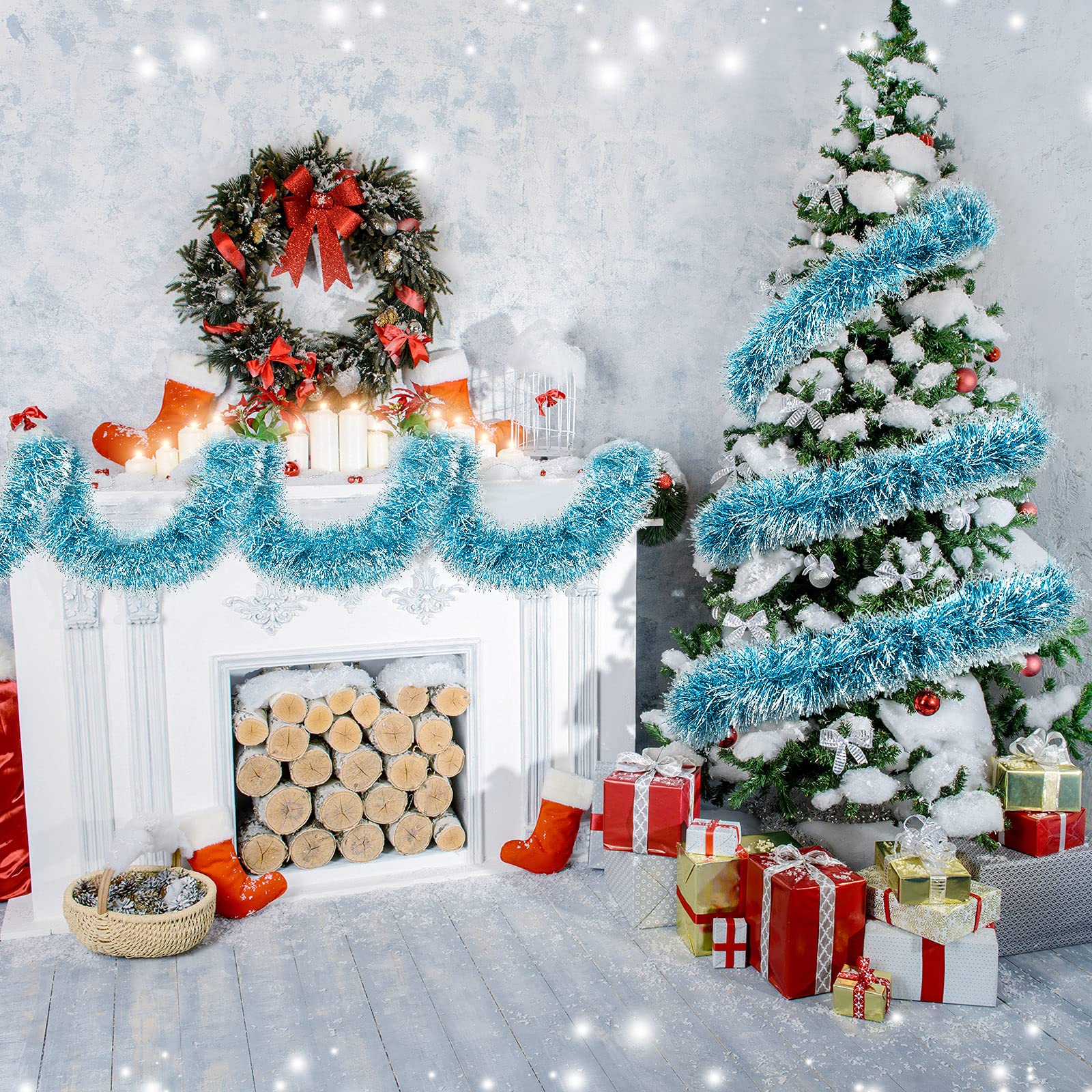 Waydress Christmas Tinsel Garland Xmas Hanging Metallic Shiny Tinsel Wreath Christmas Tree Decor for Home Indoor Outdoor Holiday