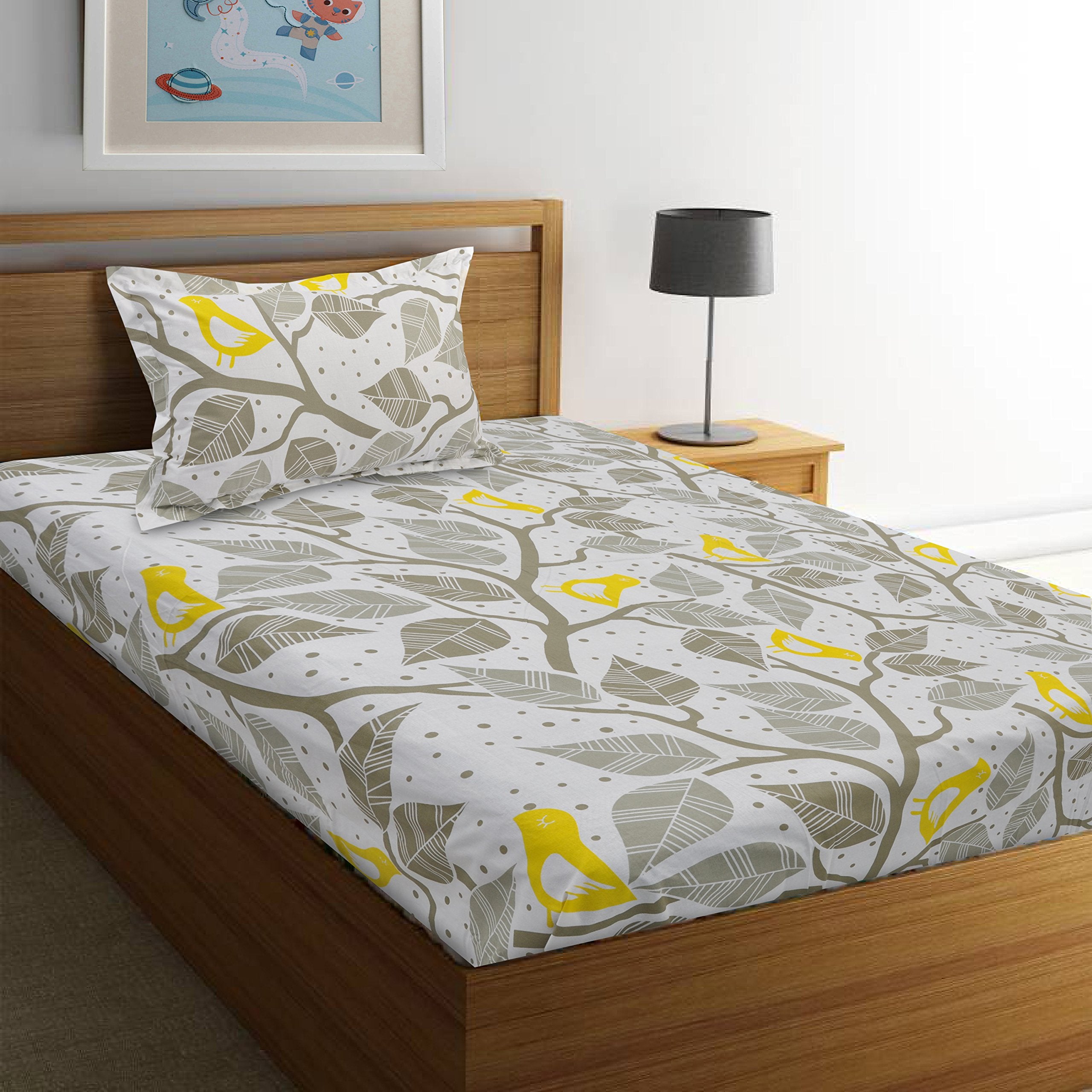 Huesland By Ahmedabad Cotton 144 Tc Cotton Single Bedsheet With 1 Pillow Cover  Yellow, Grey