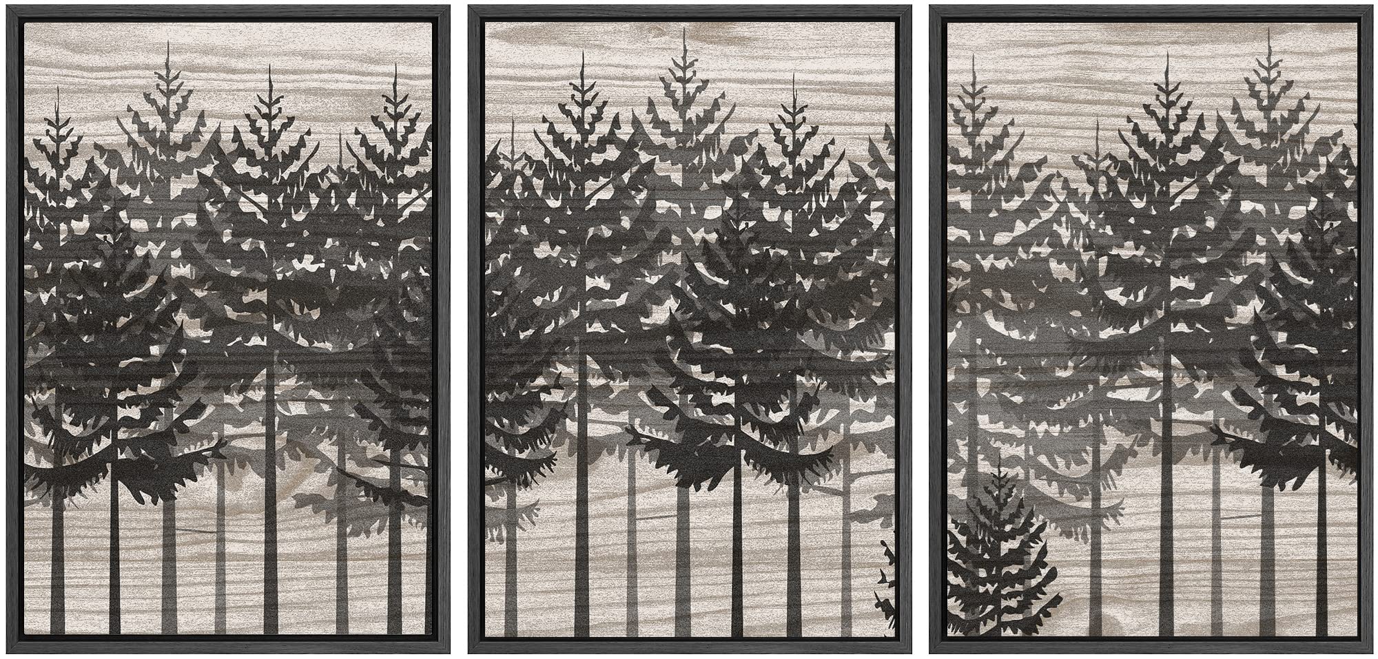 Signwin Framed Canvas Print Wall Art Set Dark Pine Tree Forest Silhouette Collage Nature Wilderness Wood Panels Modern Art Relax