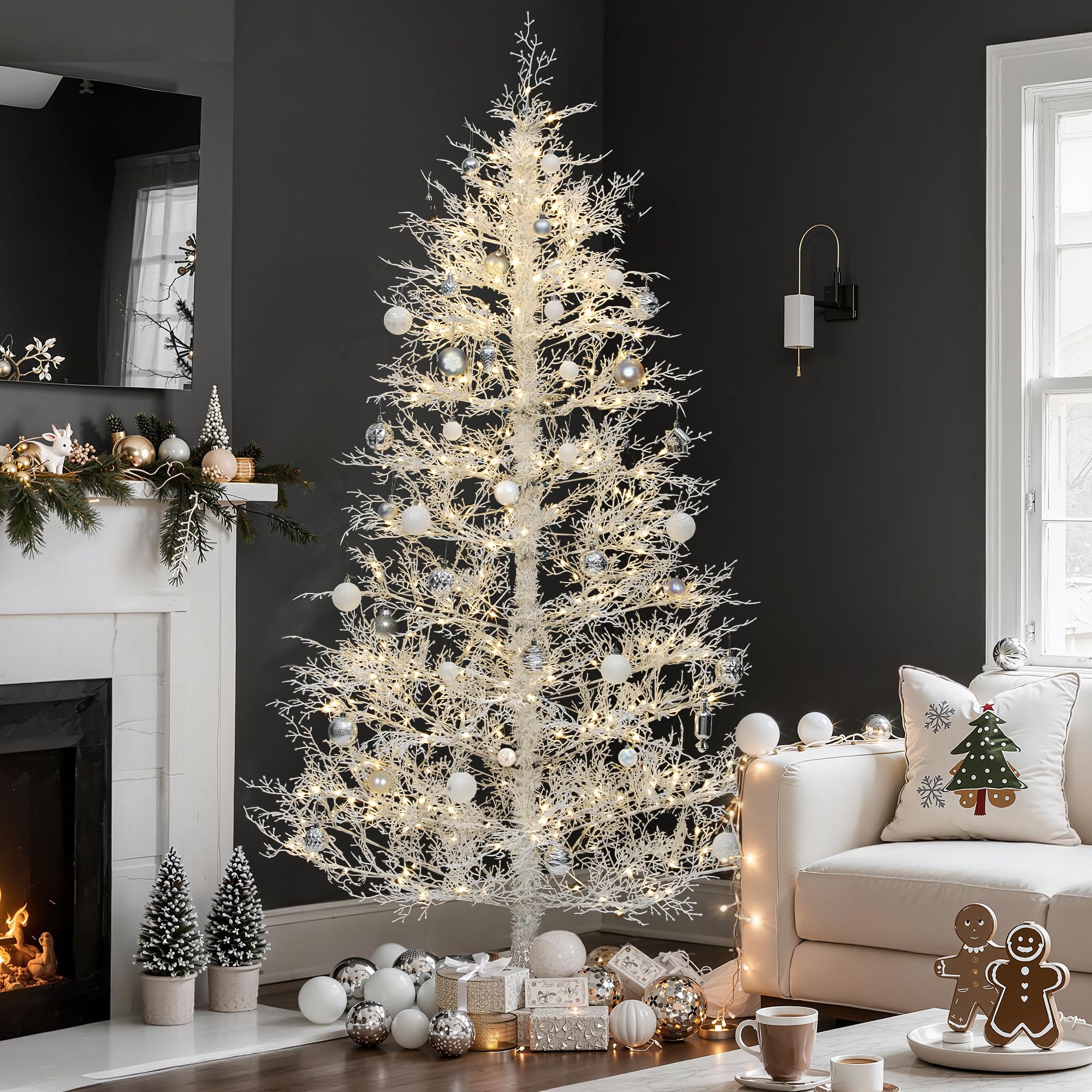 YITAHOME 7.5FT Prelit Christmas Tree, White Aspen Fir, 400 Switchable Lights, Hinged, Model QD2-400C