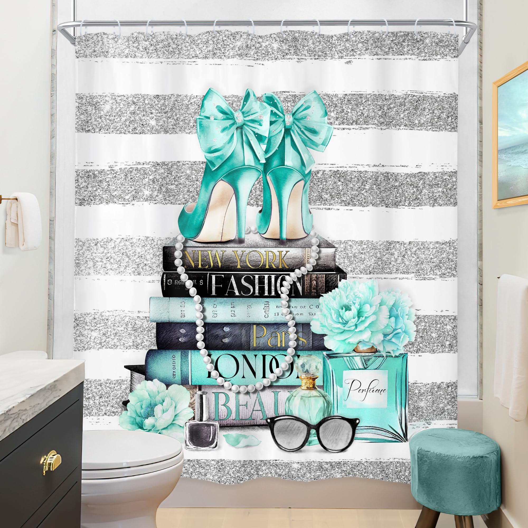 Riyidecor Fashion Women Shower Curtain 60Wx72H Inch Teal Silver Modern Magazine Girly White Stripe Rose Flower High Heel Makeup for Girl Bathroom Decor Fabric Polyester Waterproof 12 Pack Hooks