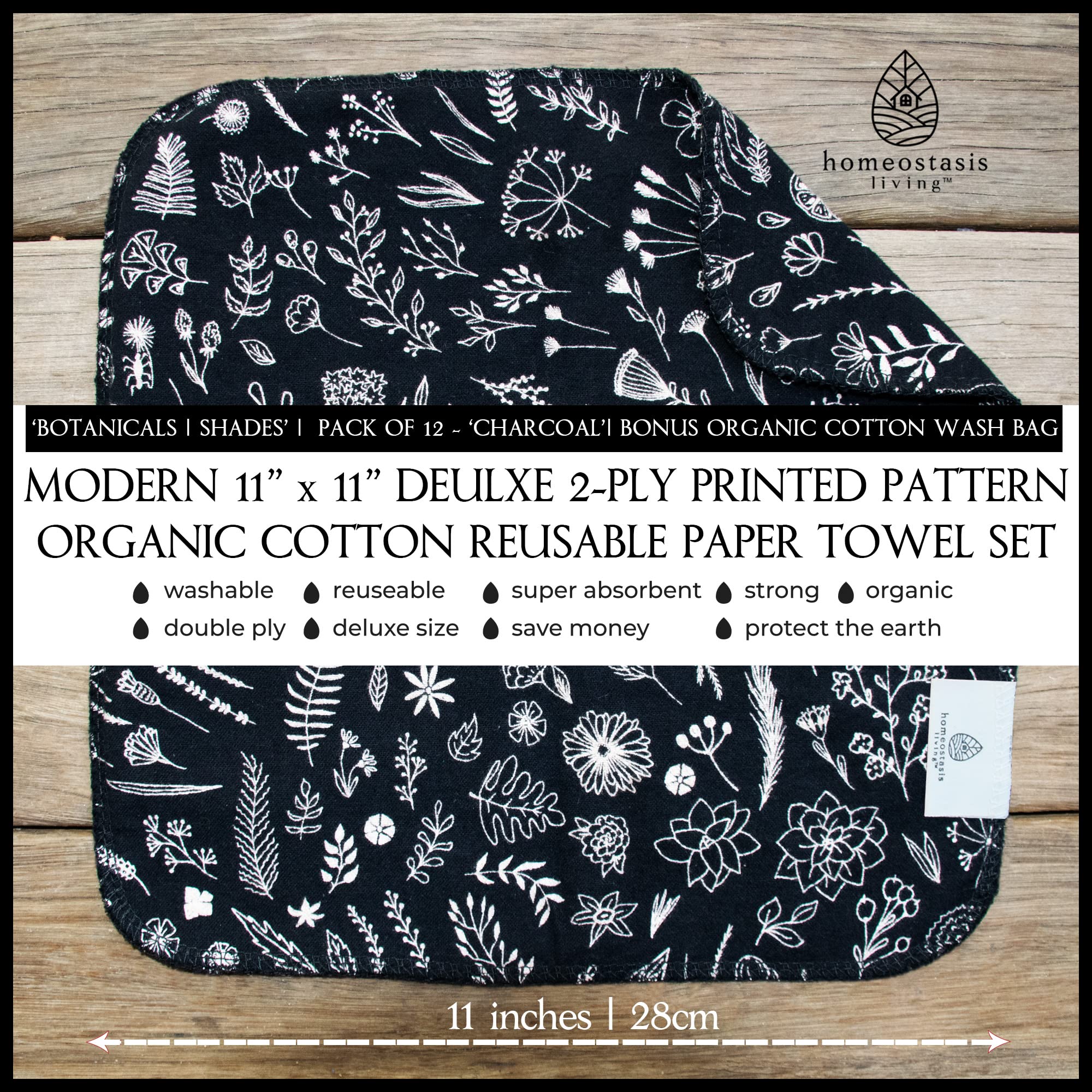 Homeostasis Living Reusable Paper Towels With Wash Bag | Charcoal Black 12 X Washable Eco Friendly Paperless Paper Towels Napkin