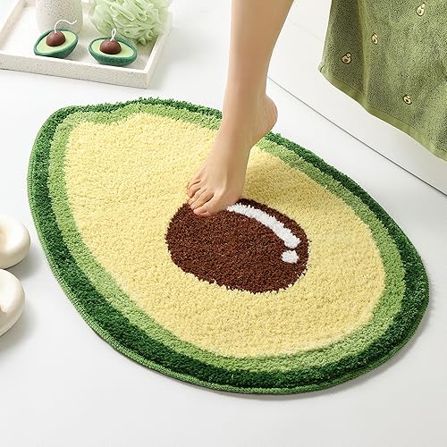 FROZZUR Avocado Bath Mat  Non Slip Bathroom Mats  Fun Cartoon Avocado Decor  Fruit Shaped Absorbent Bathtub Rug Bathroom Tub Plush Shower Rugs Washable