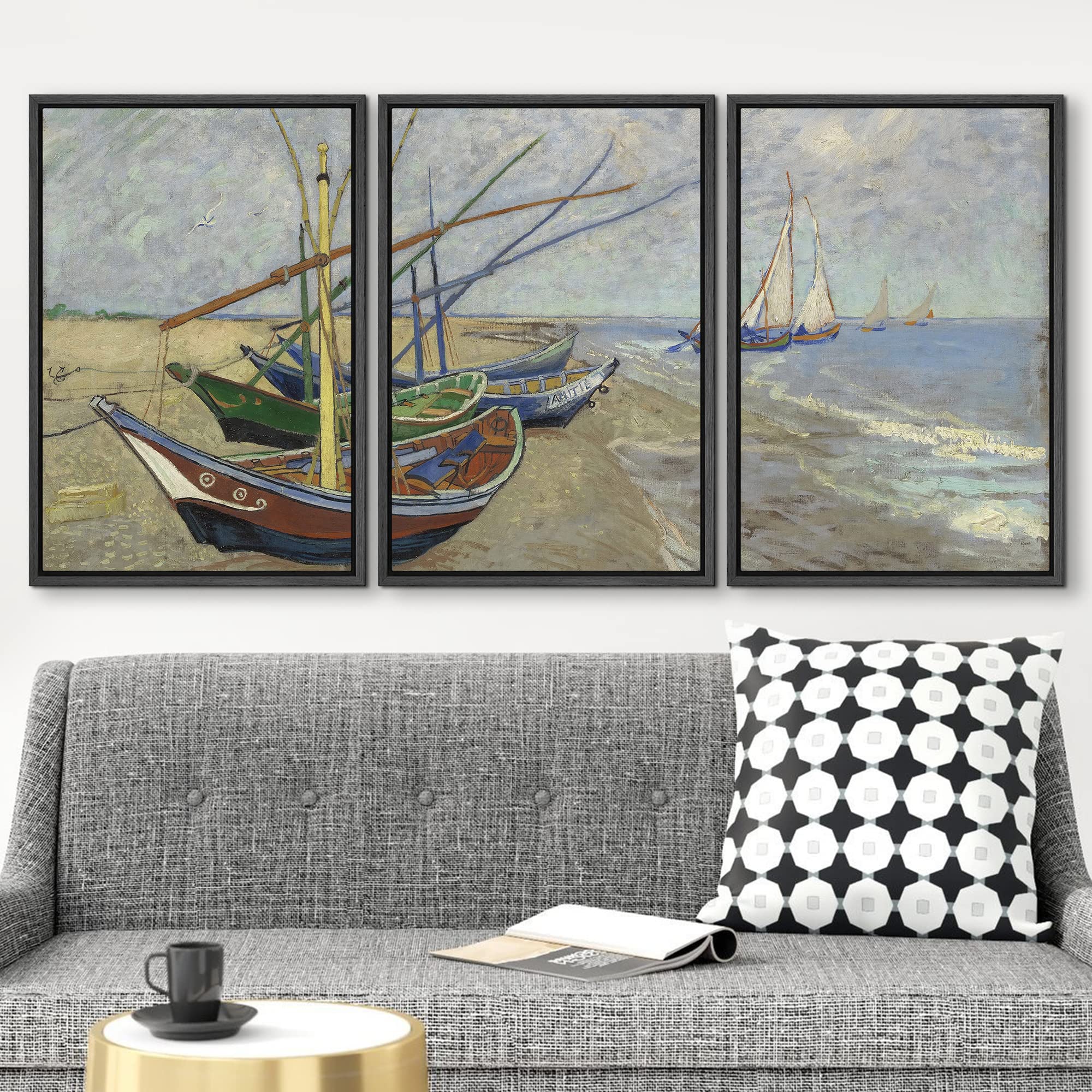 Wall26 Framed Canvas Print Wall Art Set Fishing Boats On The Beach Vincent Van Gogh Classical Illustrations Fine Art Decorative