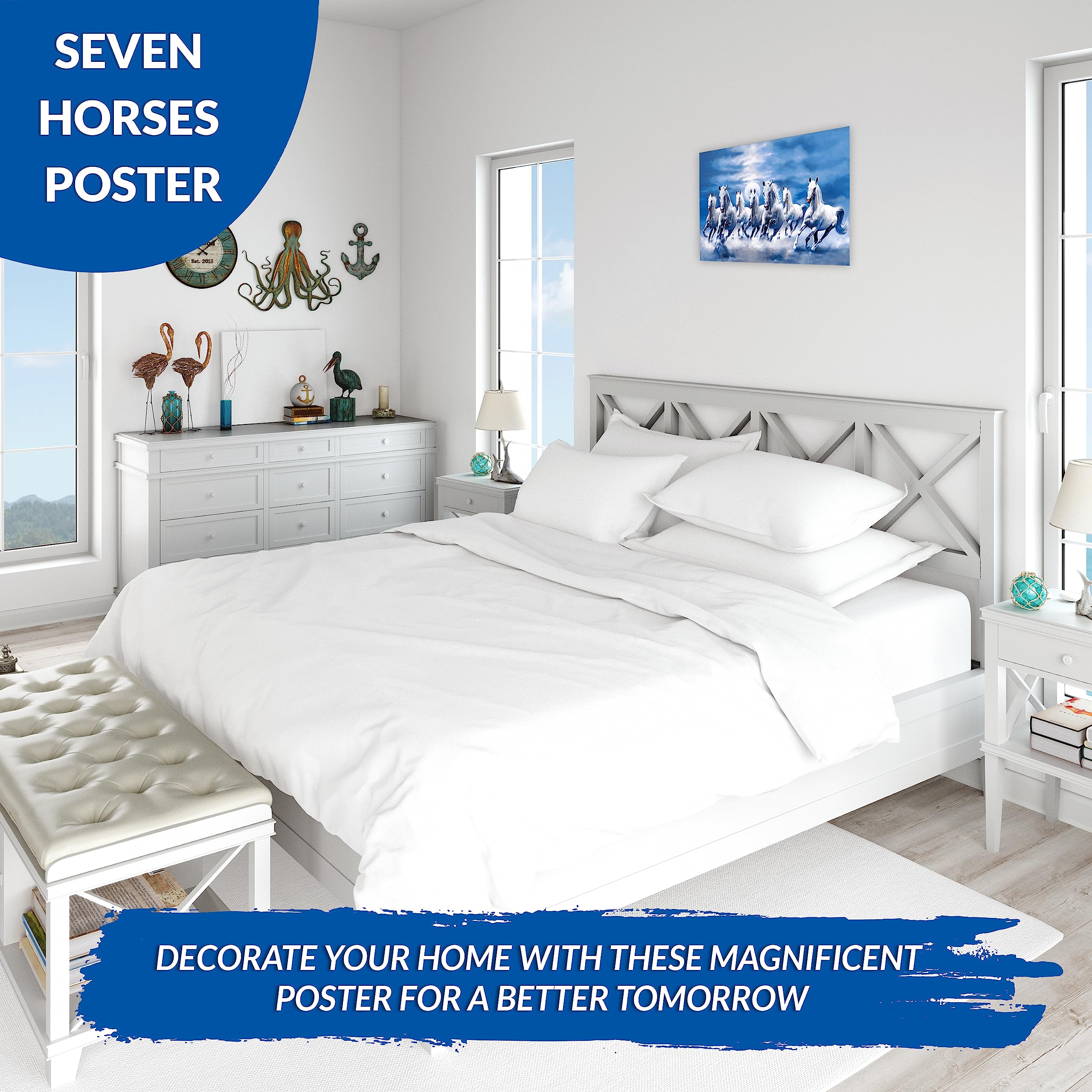 Clickedin Seven Lucky White Running Horses Painting with Blue Background According to Vastu Shastra Without frame Laminated High