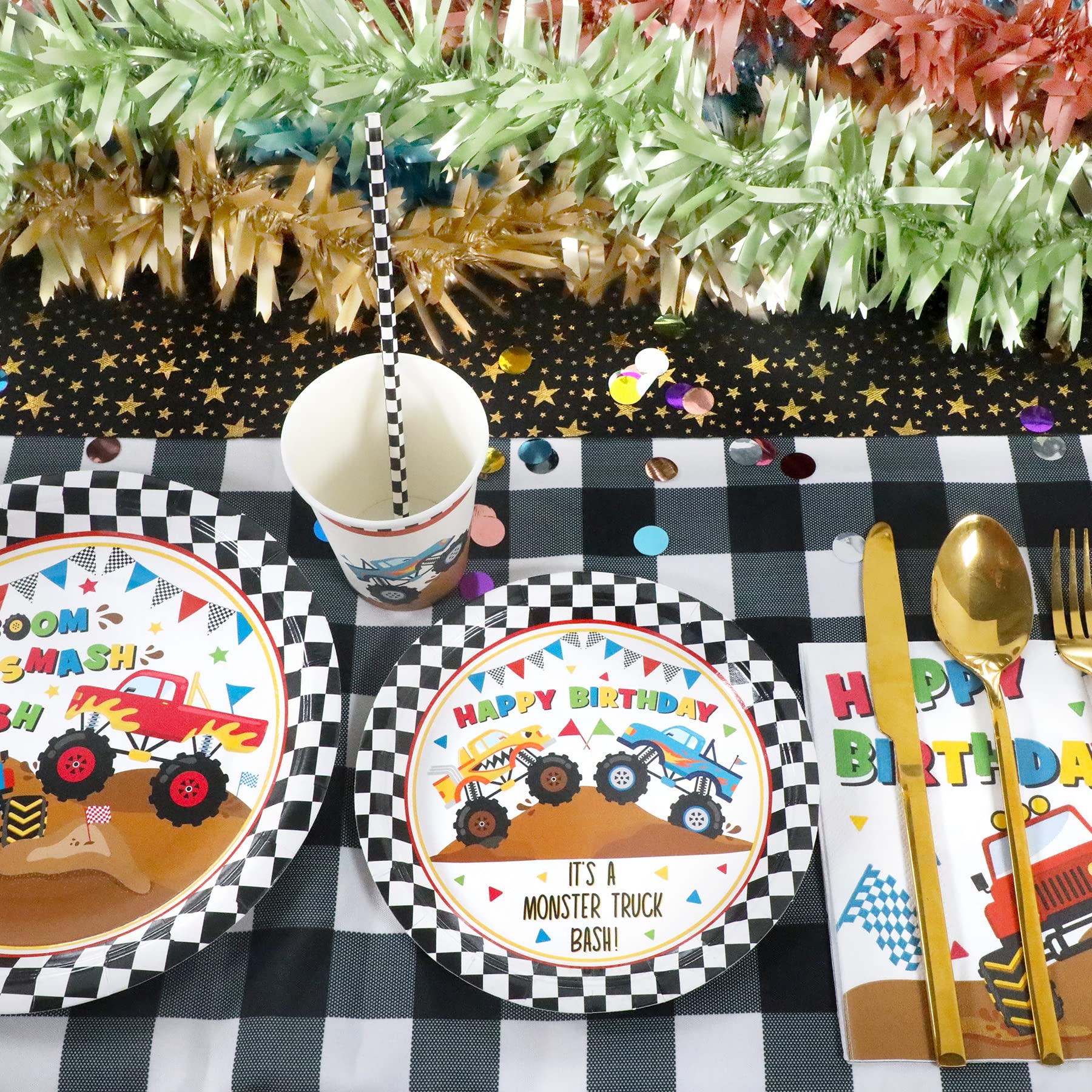 Monster Truck Party Supplies Decorations, Kids Birthday Paper Plates And Napkins Set With Cups And Straws For 24 Guests, 120 Pcs