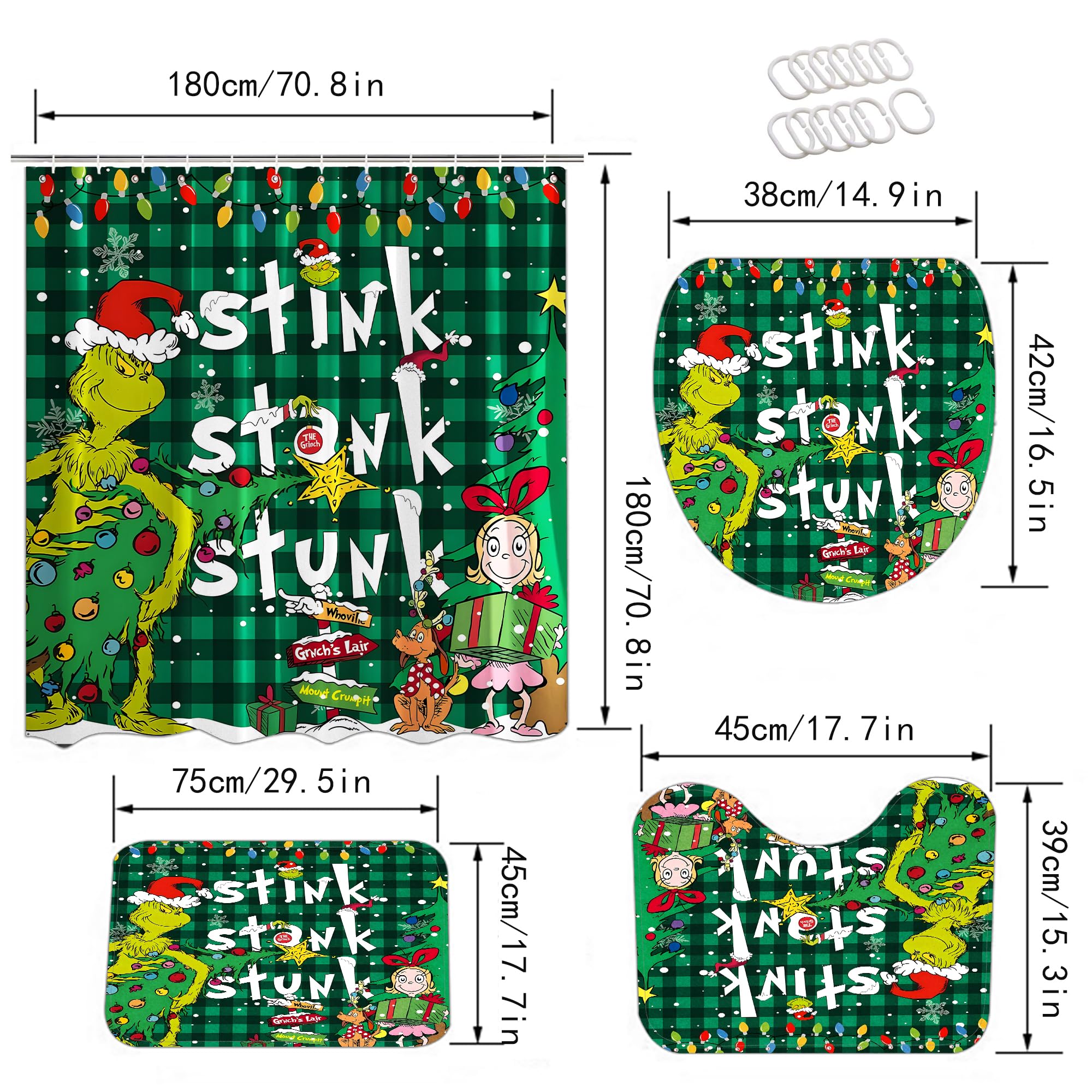 4 Pcs Christmas Bathroom Set, Shower Curtain, Non-Slip Rugs, Toilet Lid Cover and Bath Mat - 72 X 72 Inches with Hooks - Holiday