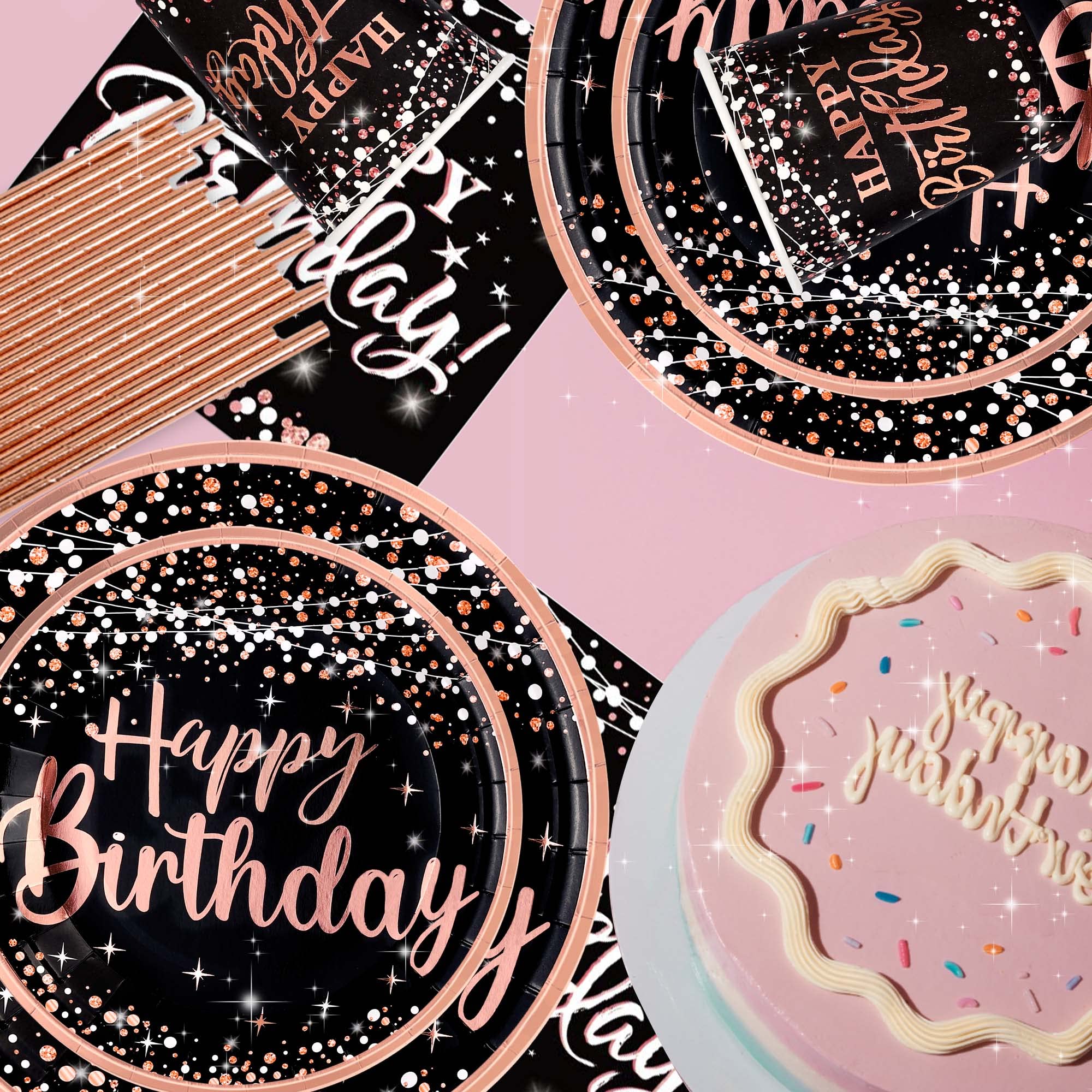 Happy Birthday Decorations Plates For Women - (Total 121Pcs) Rose Gold Plates And Napkins Party Supplies, Cups, Straws, Tableclo