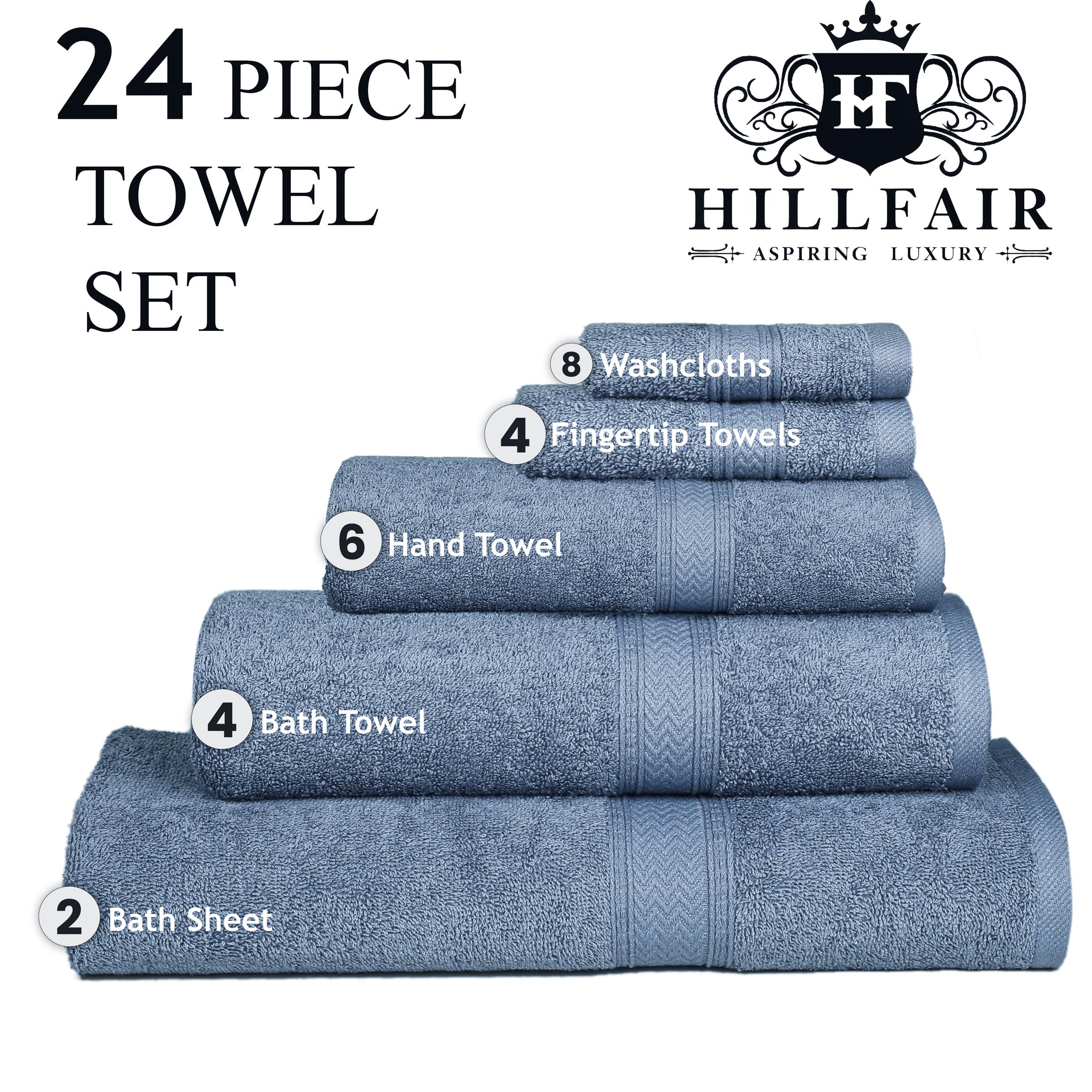 Hillfair 24 Piece Bath Towels Set For Bathroom- 100% Cotton 24 Pc Bulk Pack Hotel Spa Towel Set- 2 Xxl Oversized Big Towels, 4 B